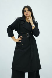 Trench Long Ceinturé Noir  – Col Montant & Boutonnage Croisé