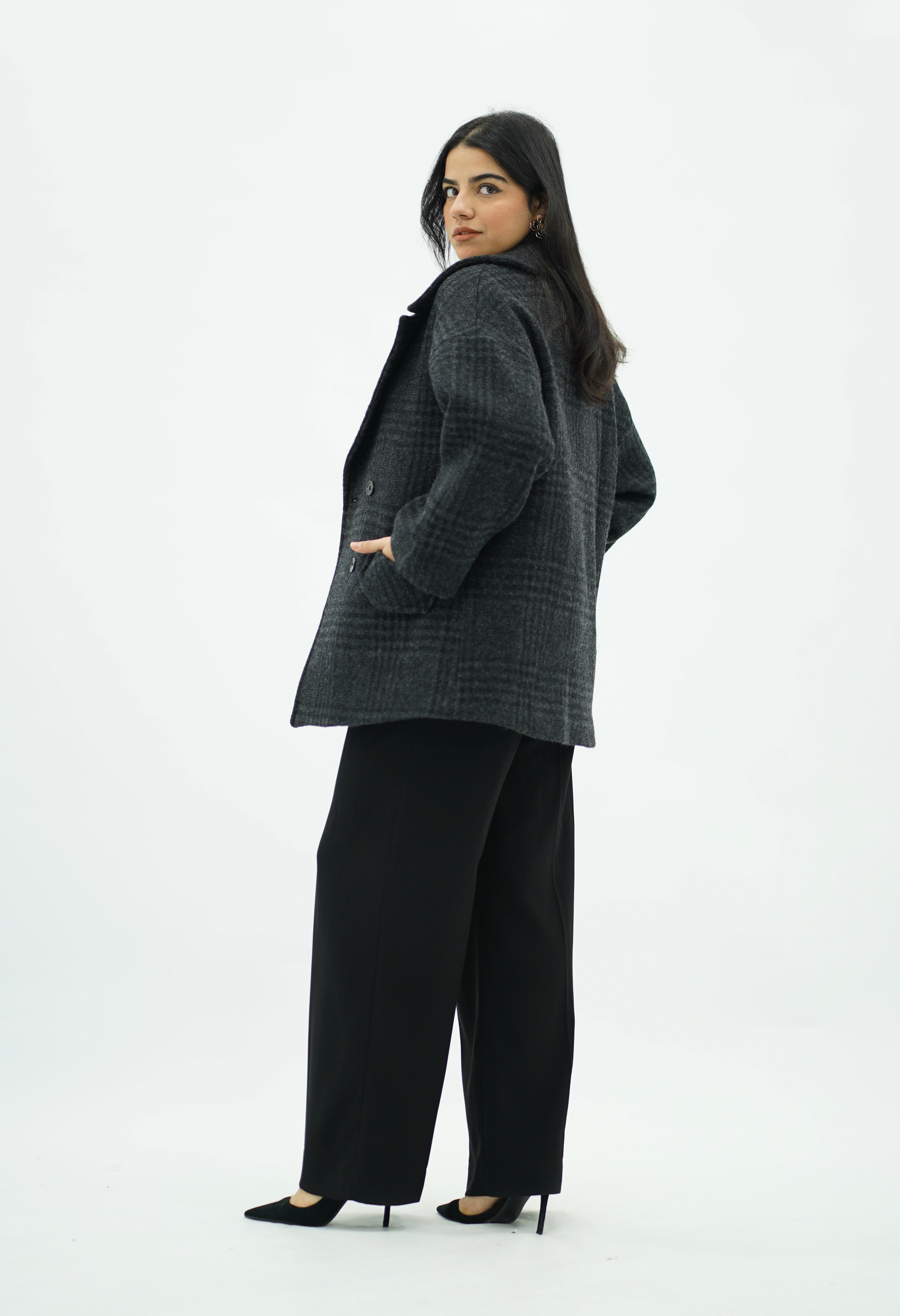 Manteau Court à carreaux Gris Anthracite