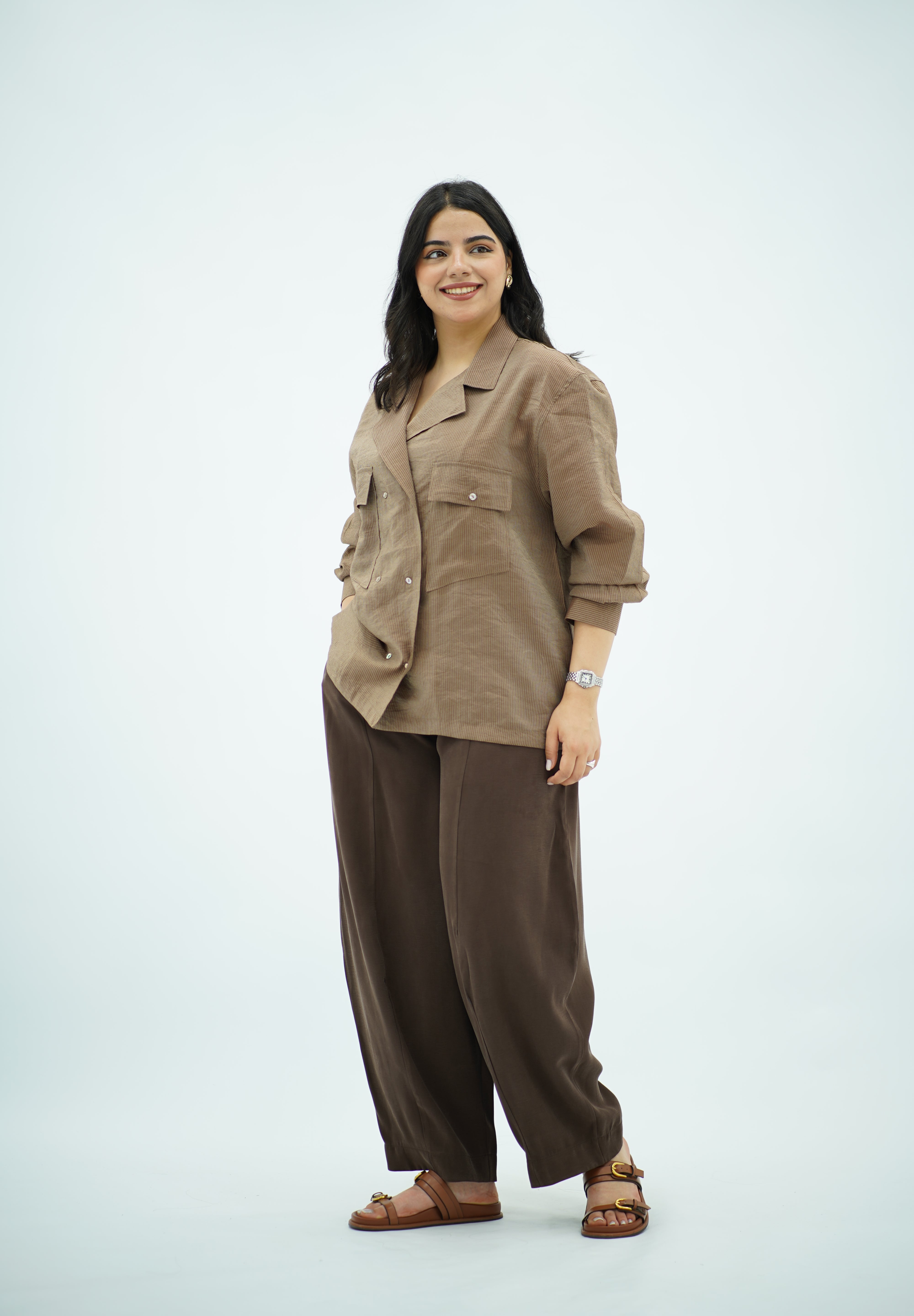 Chemise Fluide à Poches – Marron rayé