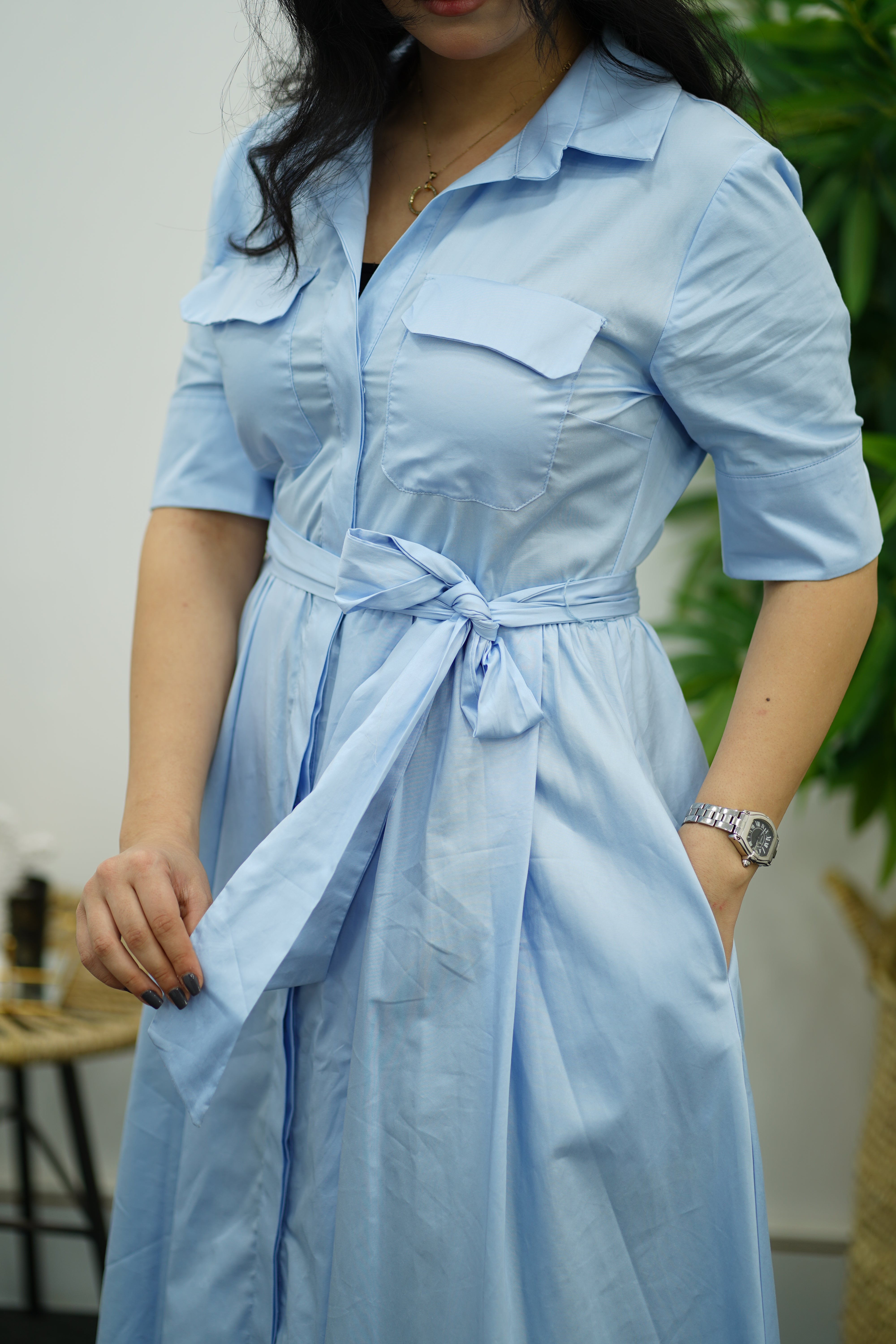 Robe En Popeline - Bleu Ciel