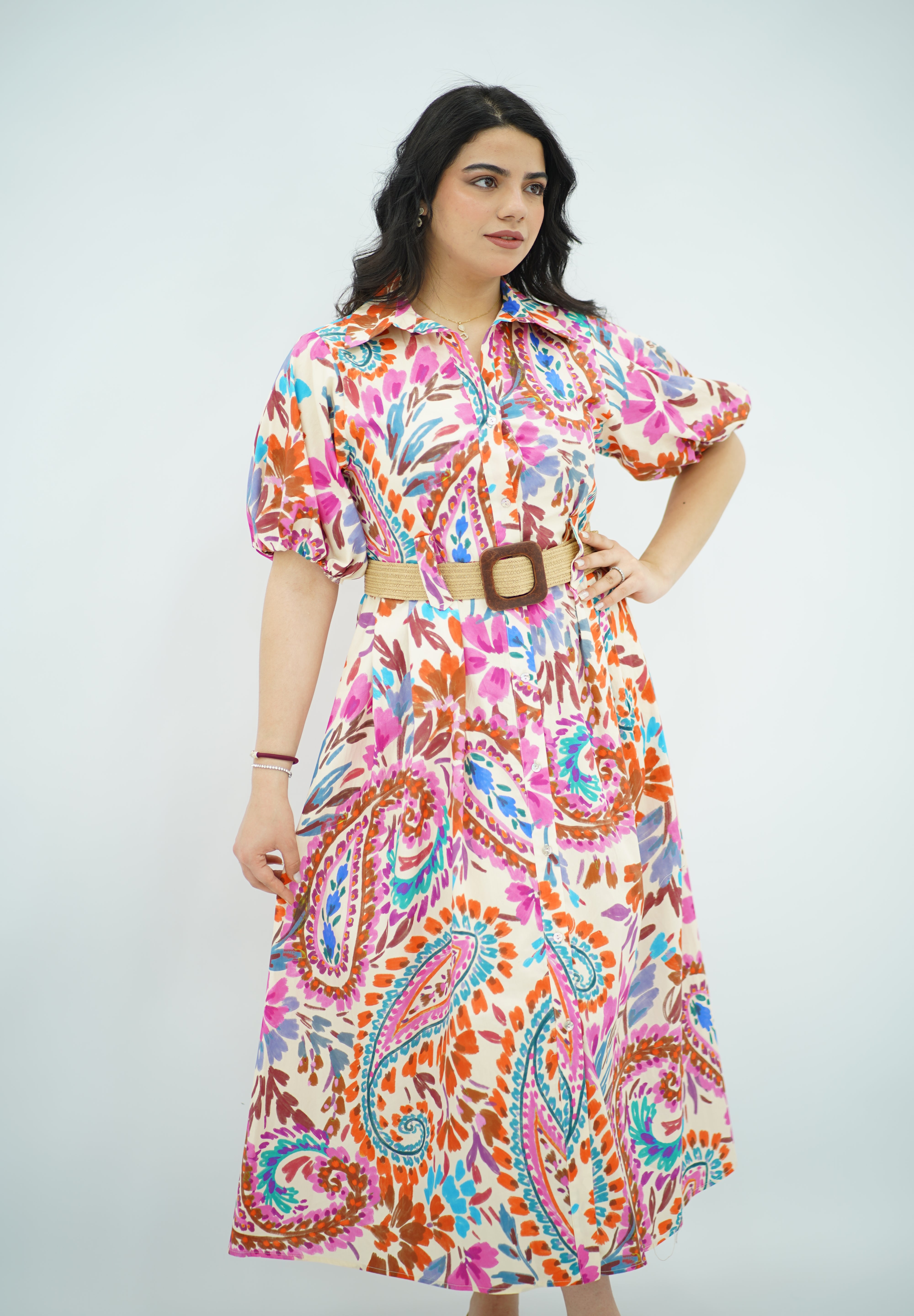 Robe ceinturé en Popeline Imprimée