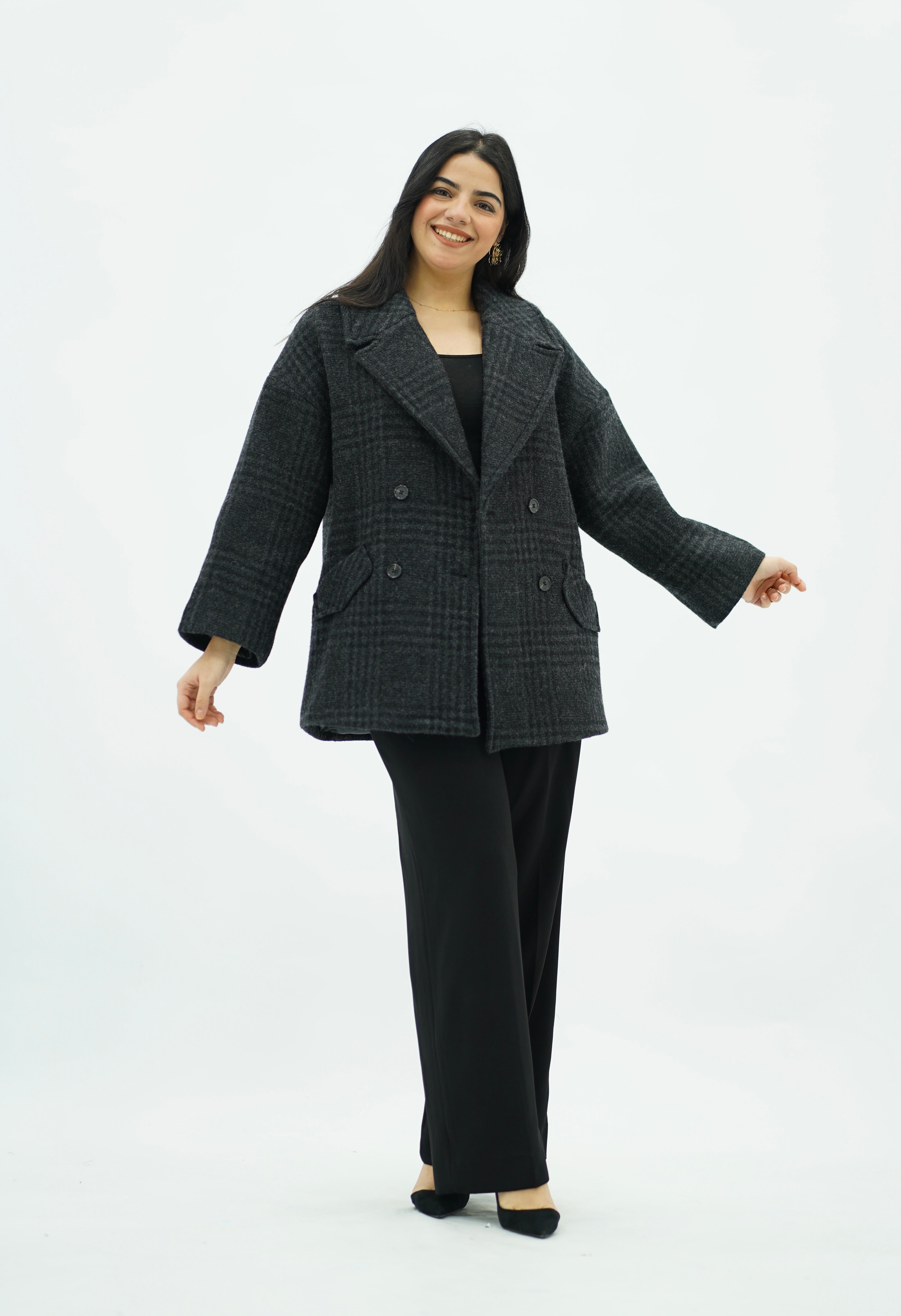 Manteau Court à carreaux Gris Anthracite