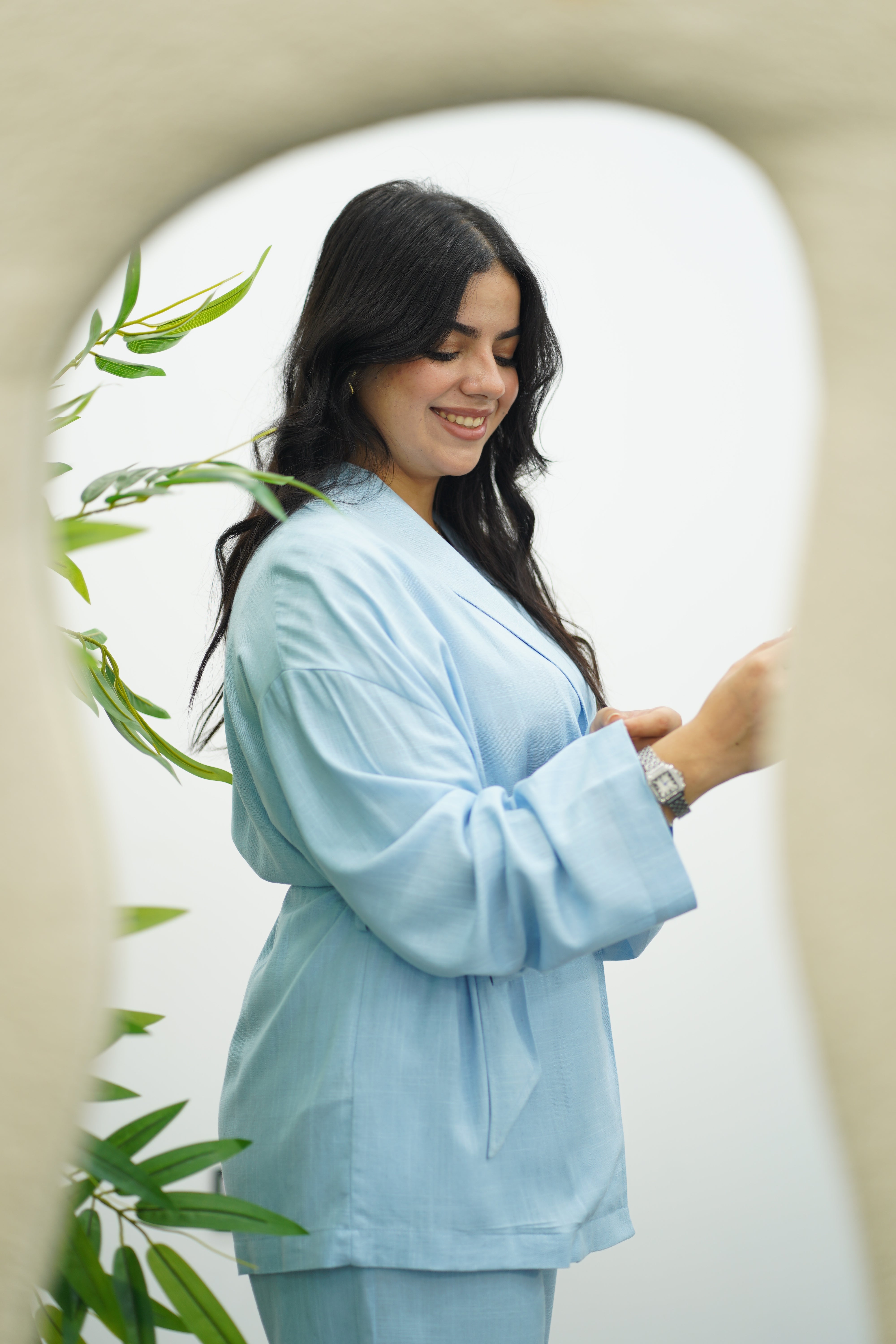 Ensemble bleu ciel en lin style kimono