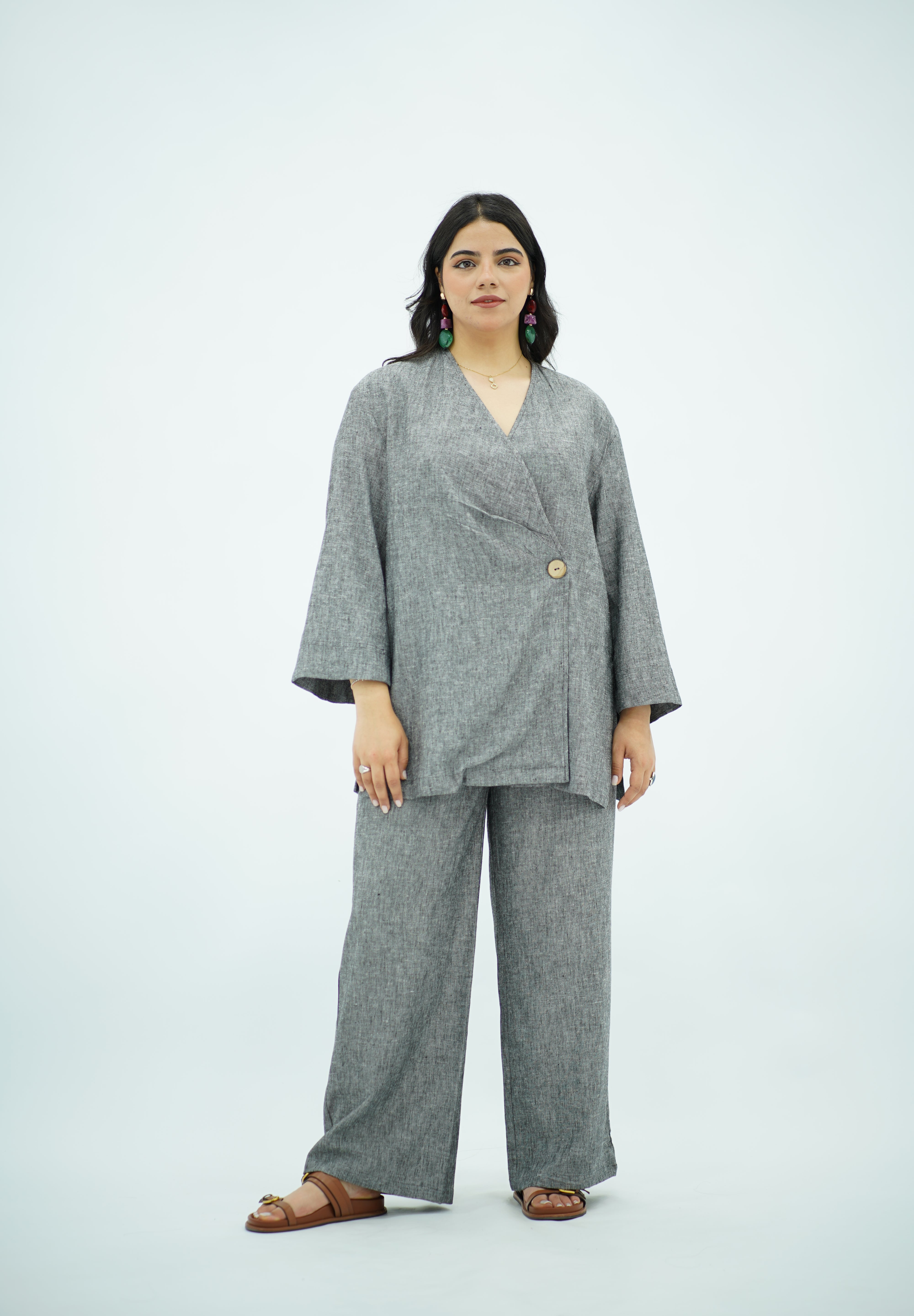 Ensemble en Lin croisé gris chiné