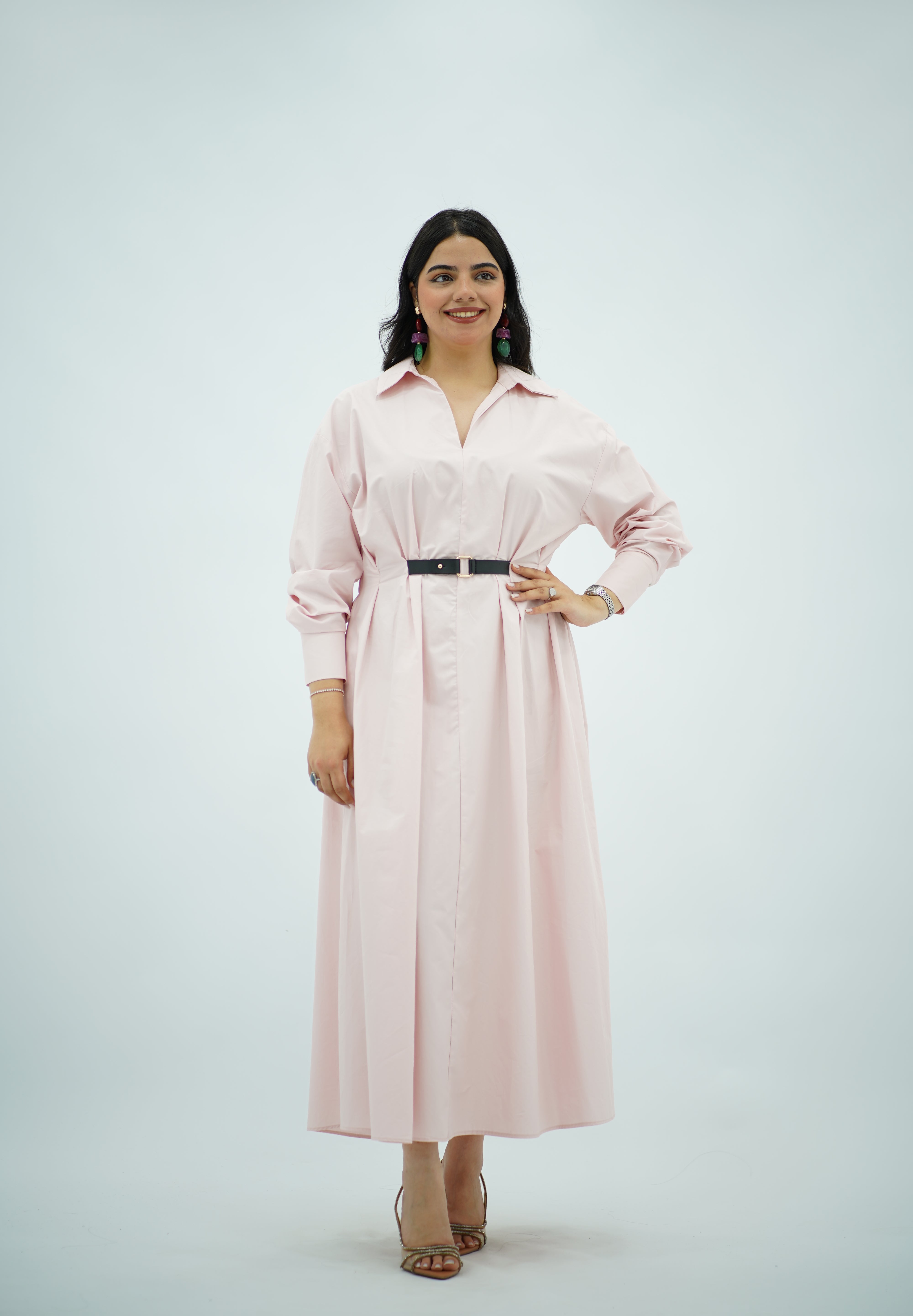 Robe chemise ceinturée rose poudré