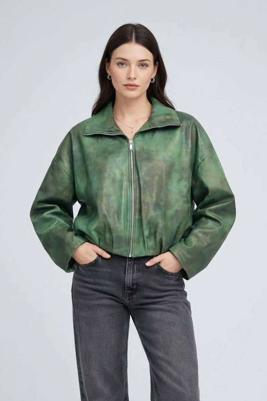 Bomber Zippé en Similicuir Vert – Style Casual et Moderne