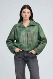 Bomber Zippé en Similicuir Vert – Style Casual et Moderne