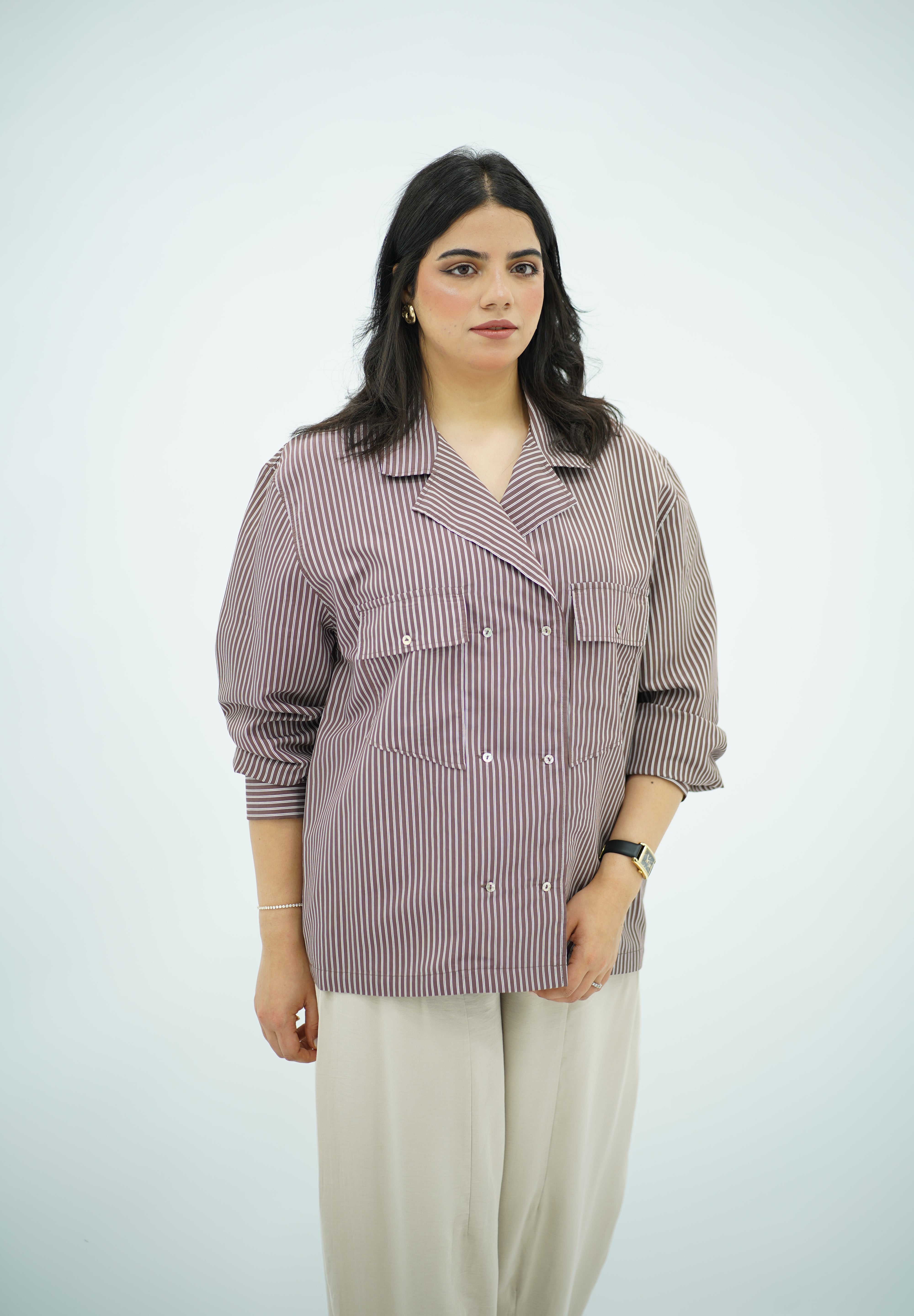 Chemise Rayée Style Saharienne à Double Boutonnage