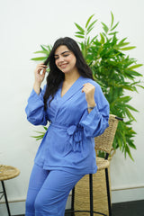 Ensemble bleu en lin style kimono