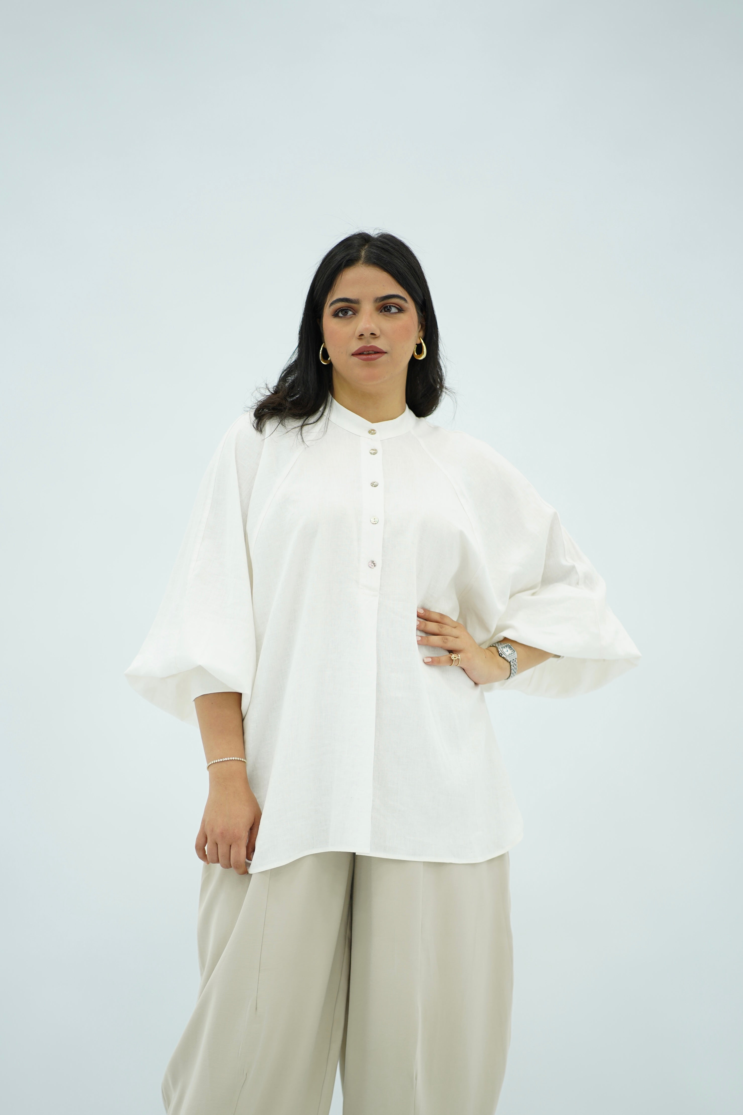 Chemise Oversize à Manches Bouffantes - Blanc Pur