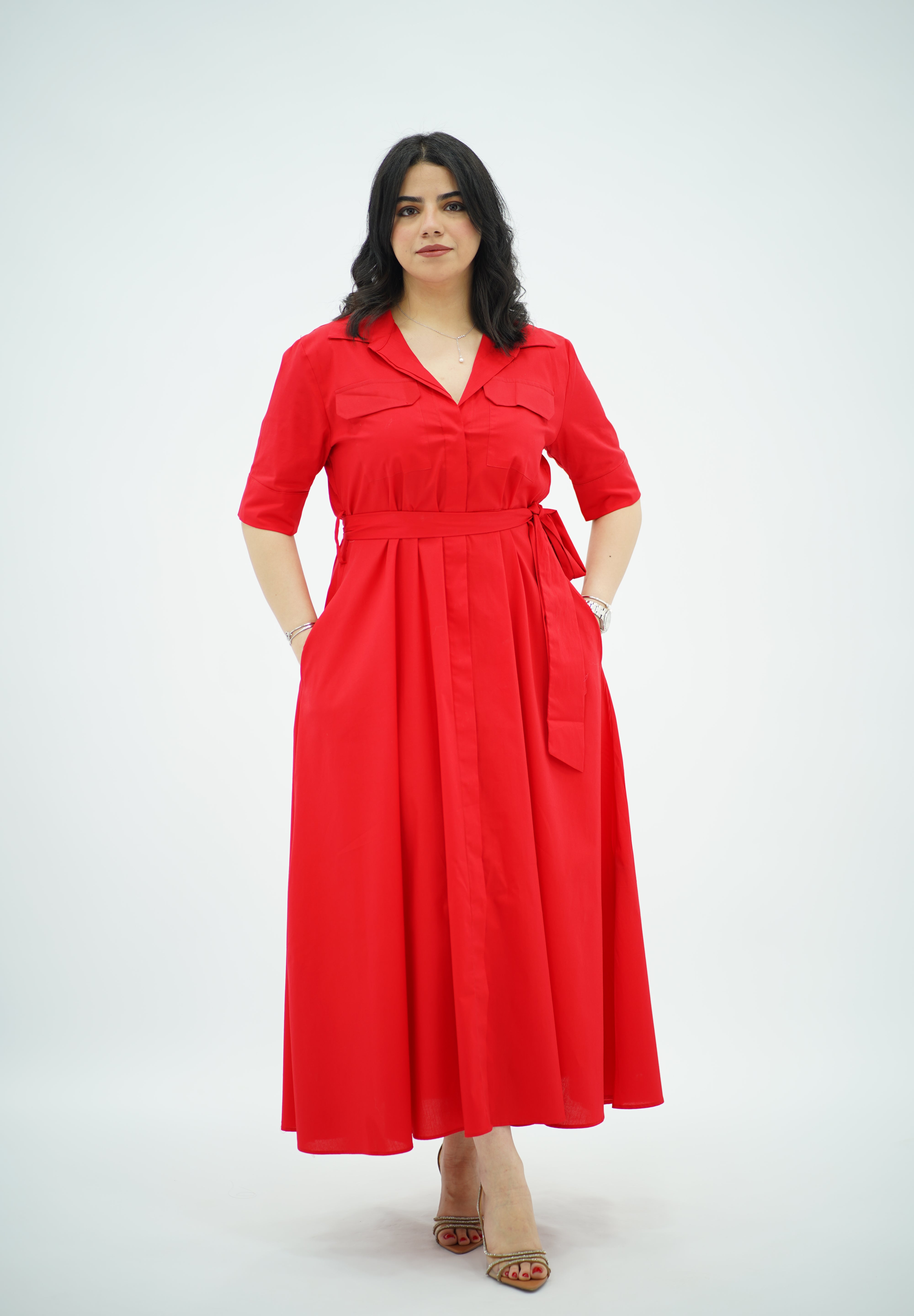 Robe chemise midi ceinturée Rouge 🌹