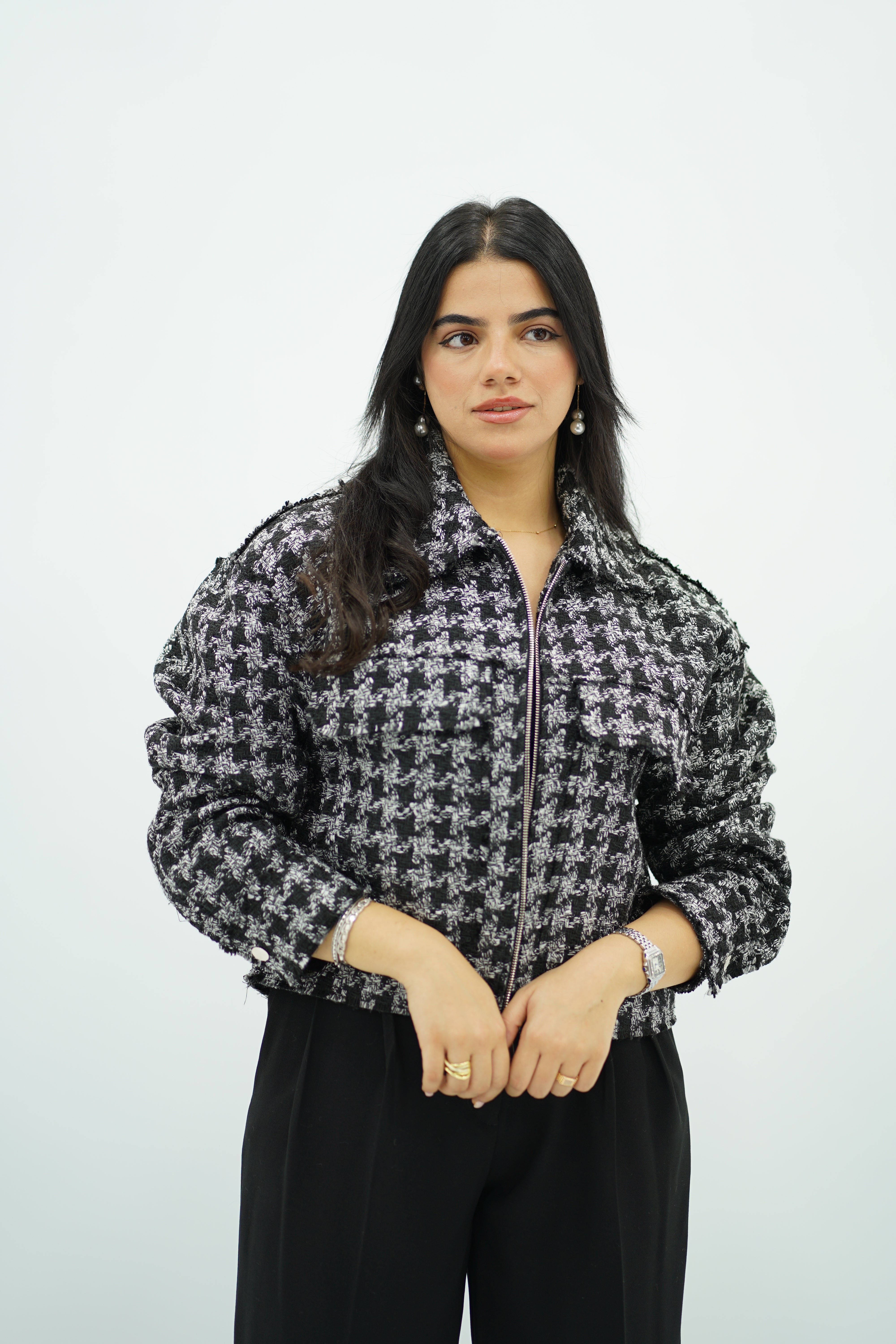 Bomber à carreaux en tweed Blanc et Noir