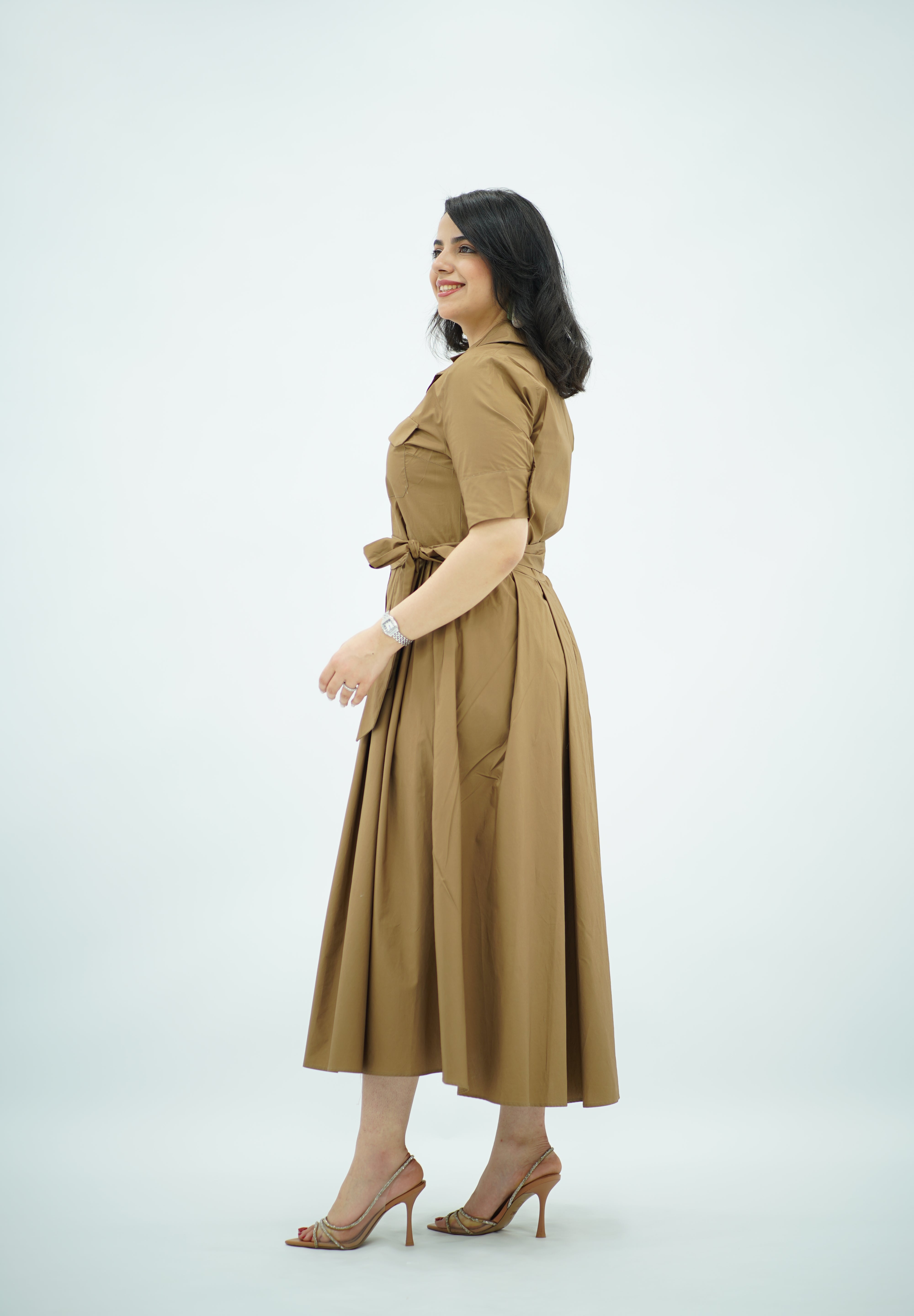 Robe midi Camel en Popeline