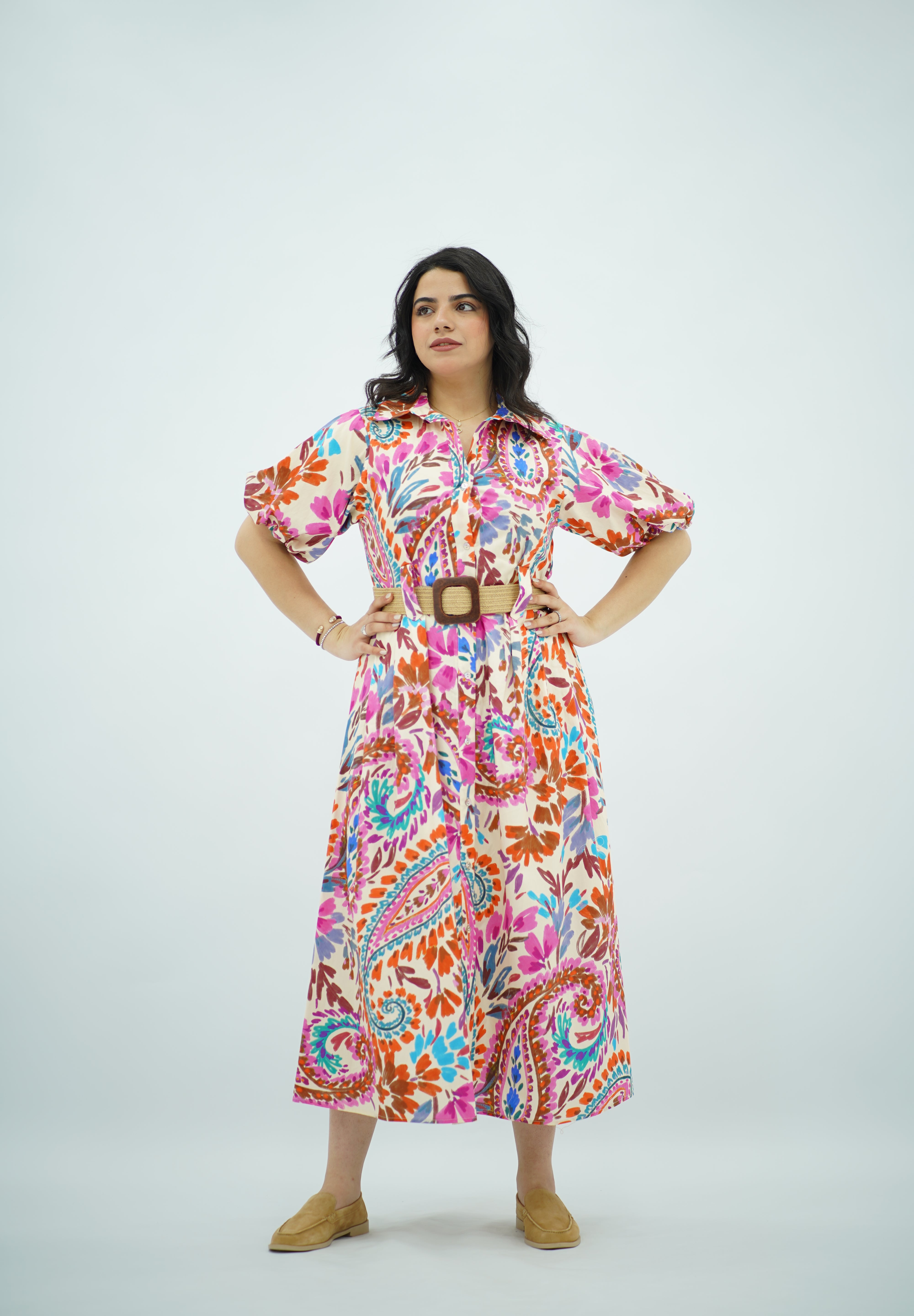 Robe ceinturé en Popeline Imprimée
