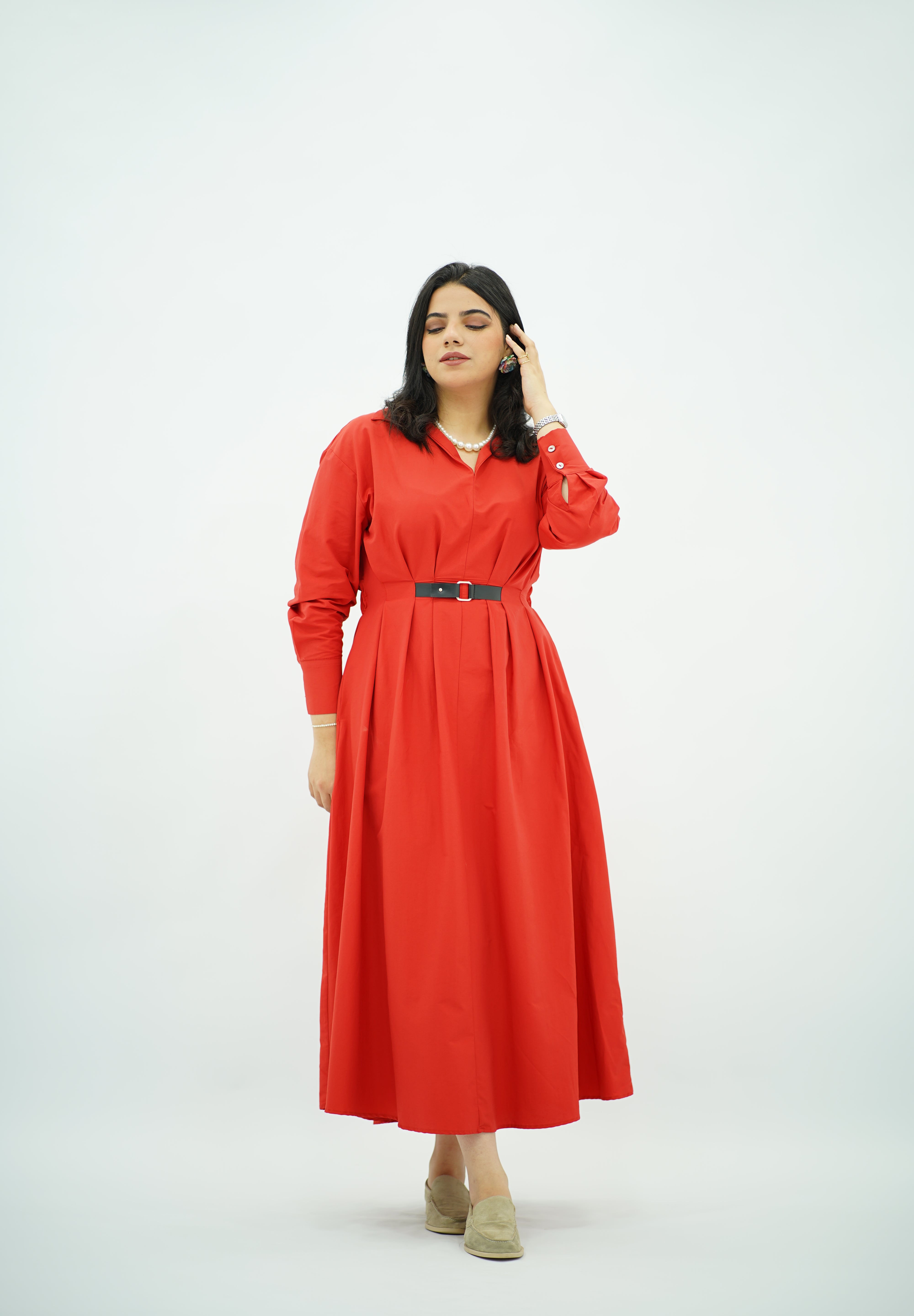 Robe En popeline ceinturé Rouge