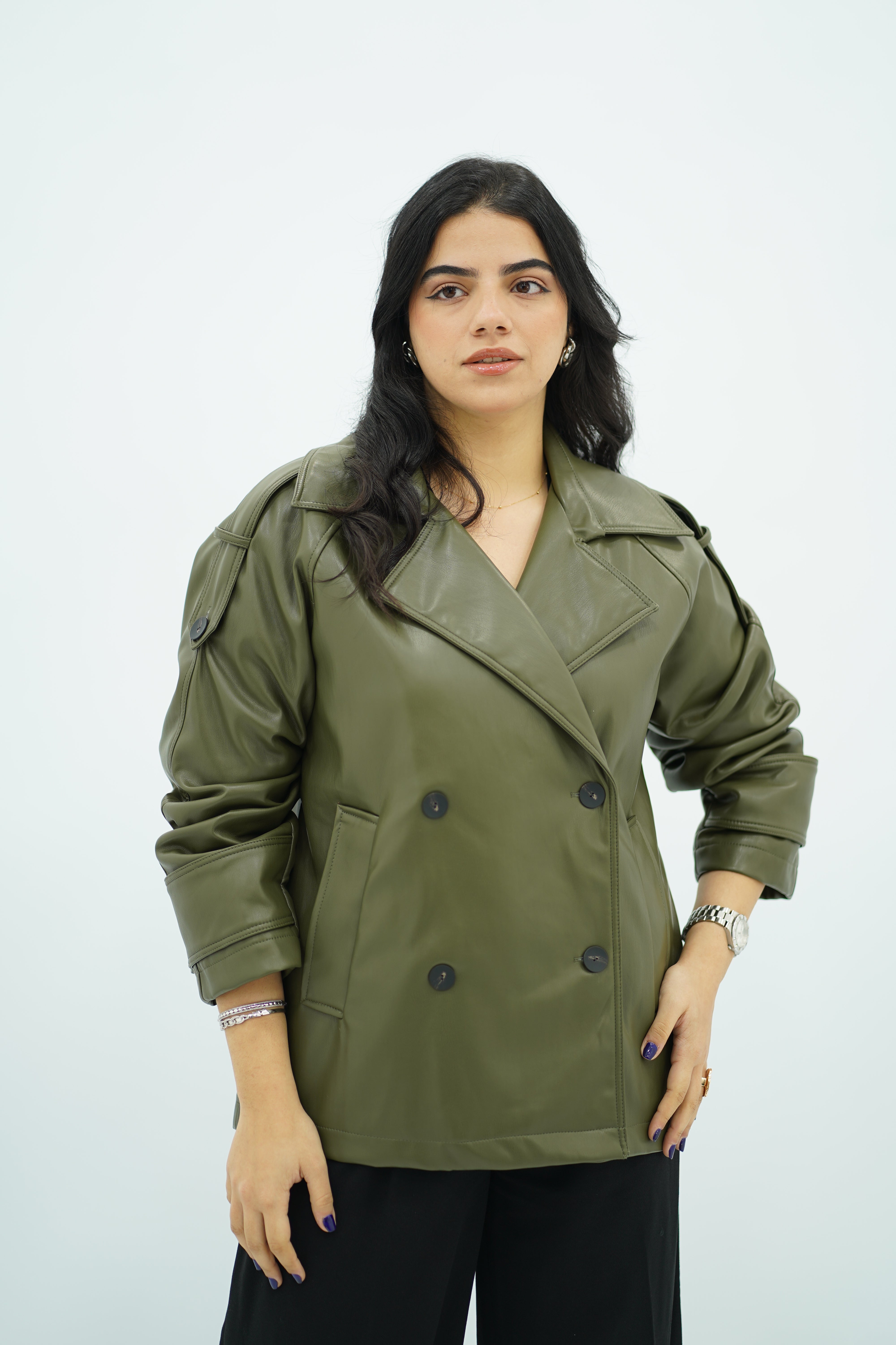 Trench court en similicuir Kaki