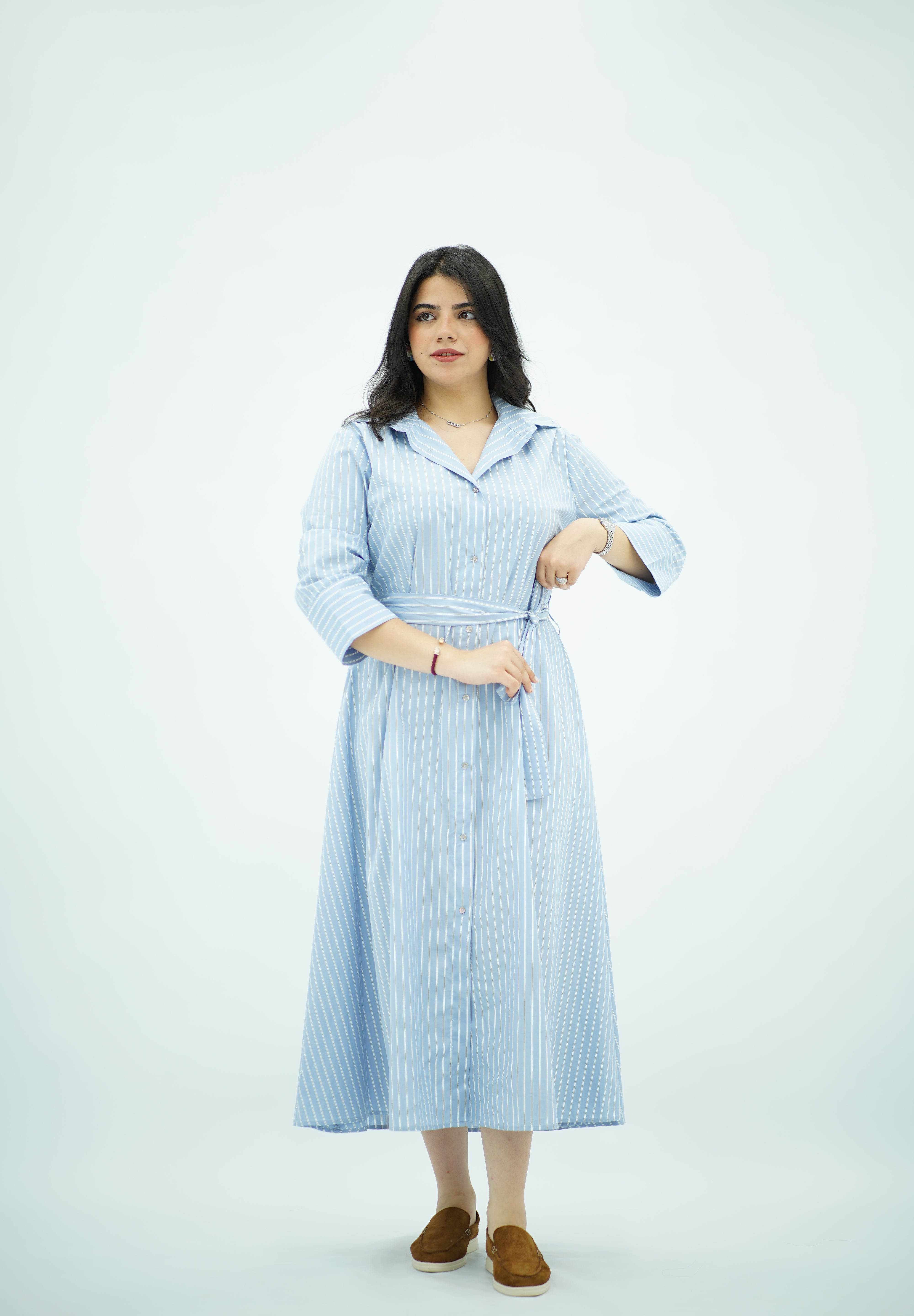 Robe-chemise longue rayée bleu ciel