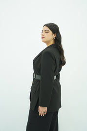 Blazer Noir Structuré à Taille Ceinturée