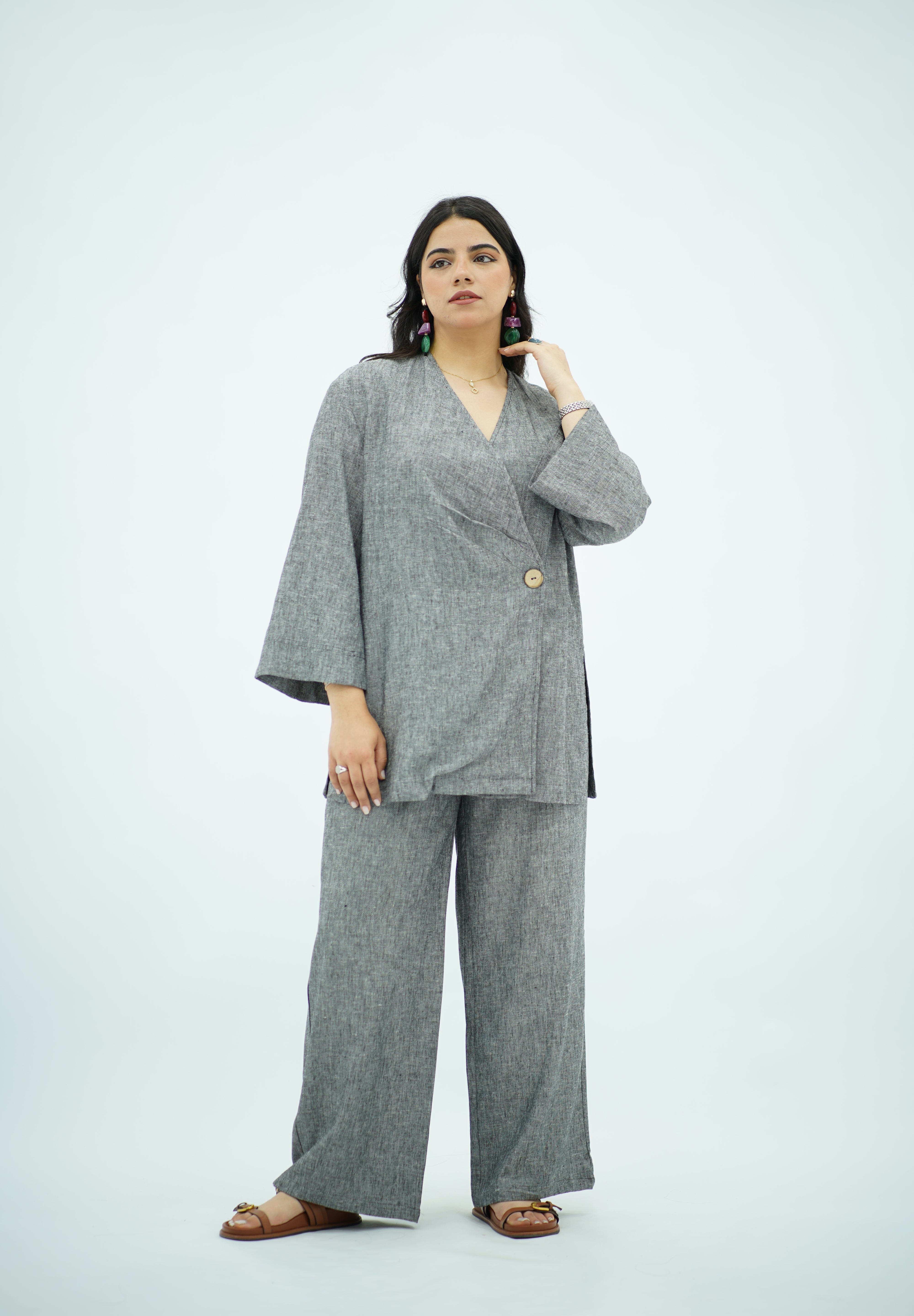 Ensemble en Lin croisé gris chiné