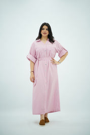 Robe-chemise longue rayée rose