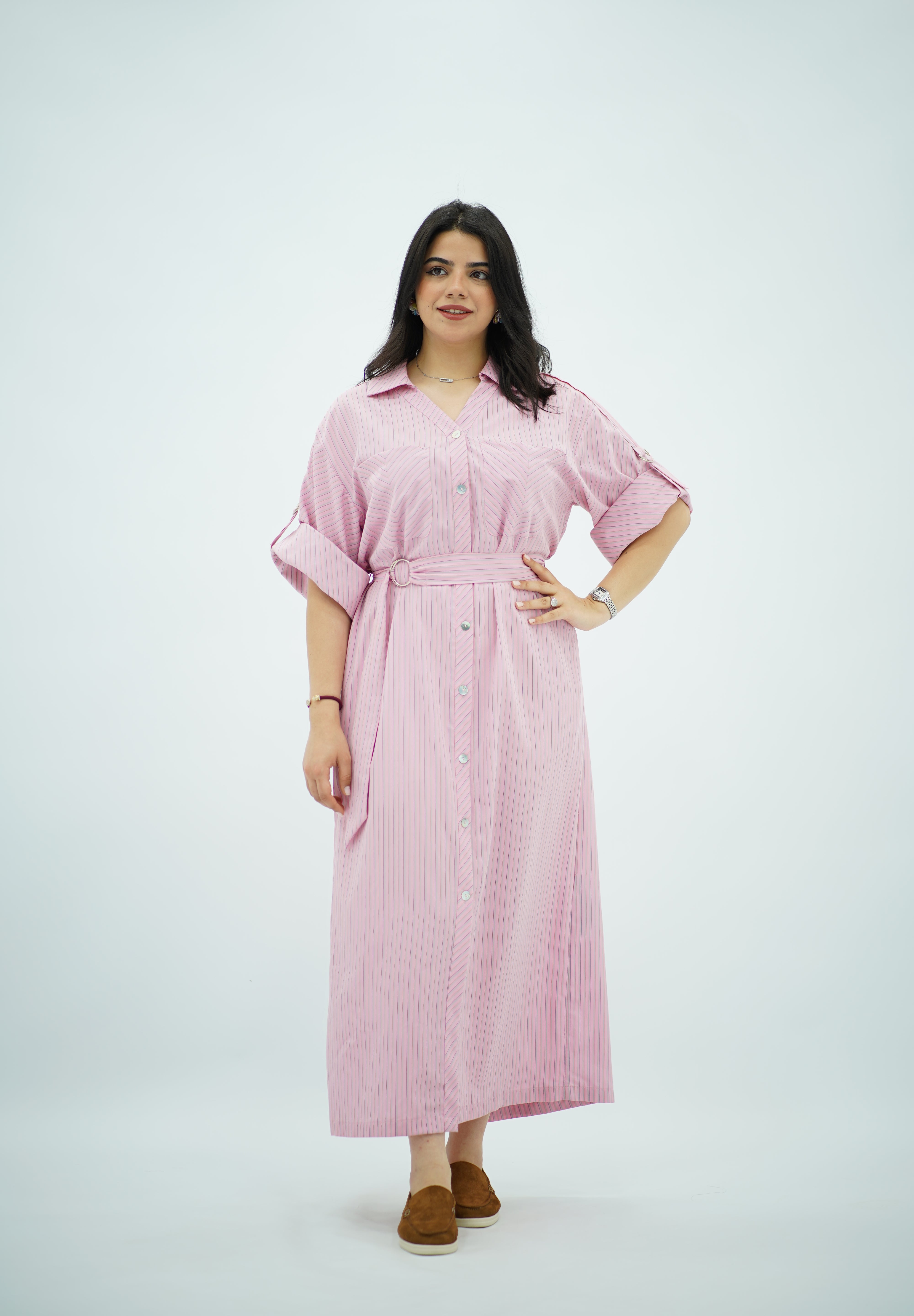 Robe-chemise longue rayée rose