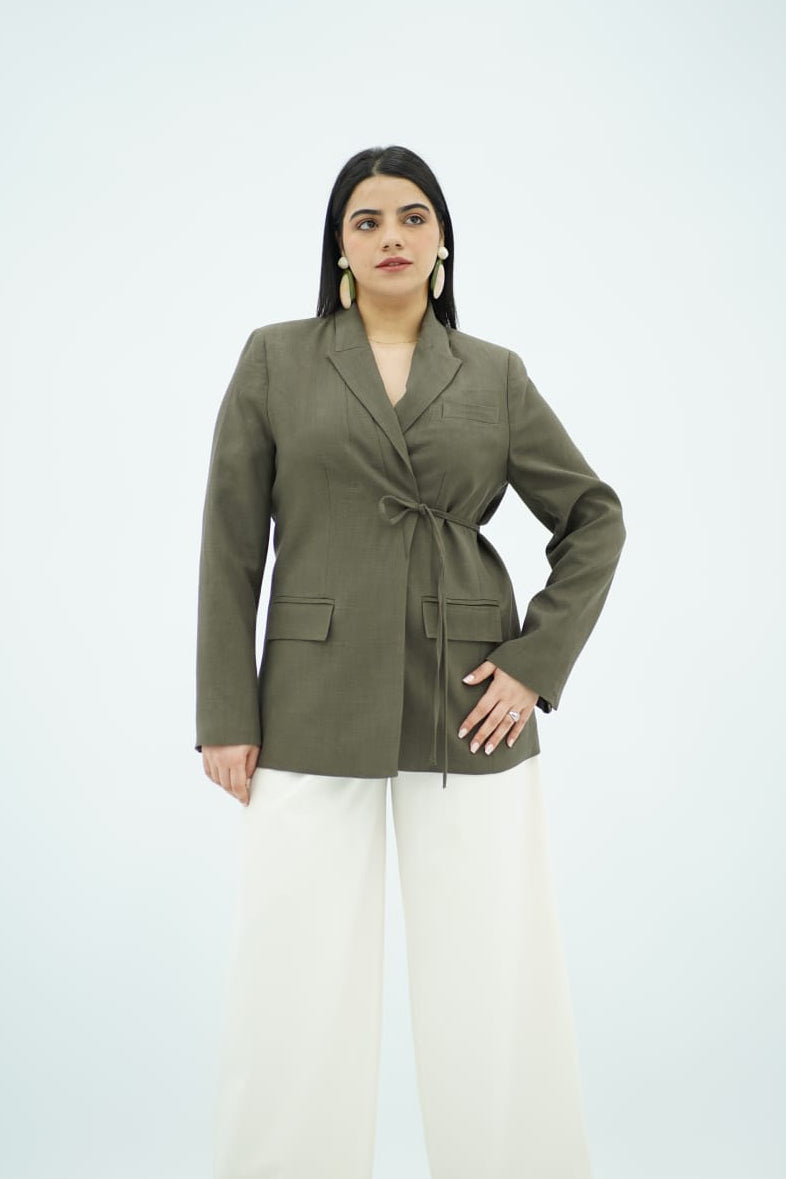 Veste cache-cœur en lin vert olive
