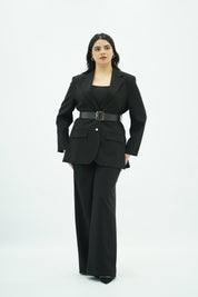Blazer Noir Structuré à Taille Ceinturée
