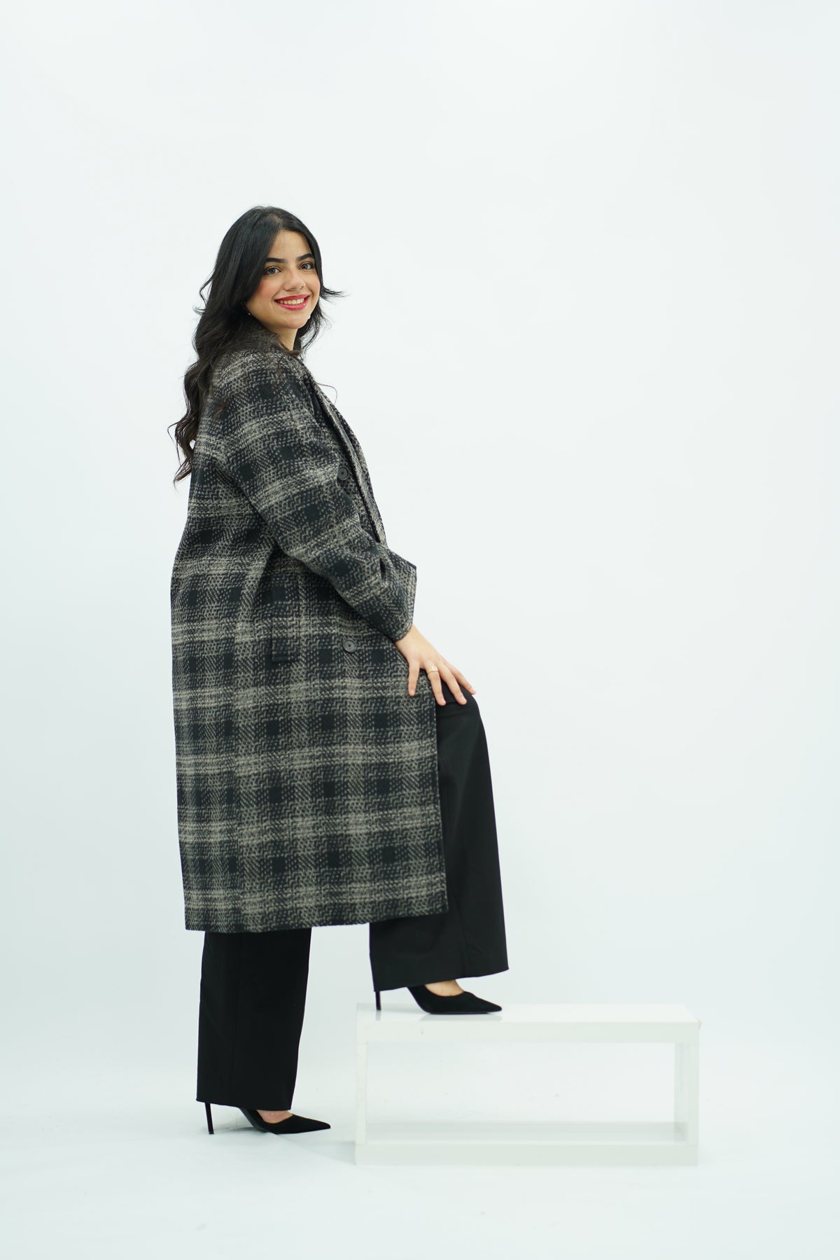 Manteau Long à Grand Motif Carreaux