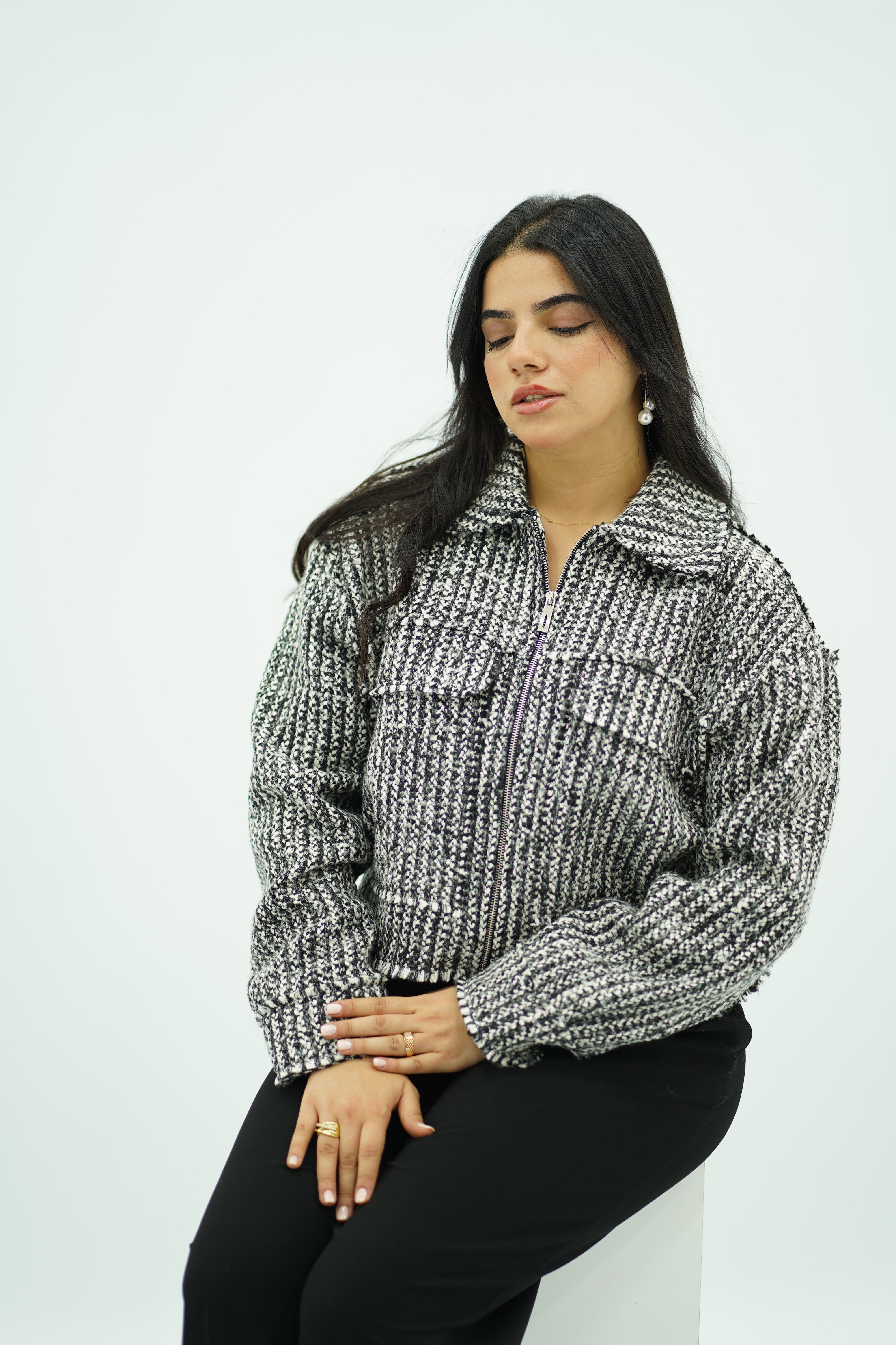 Bomber Courte en Tweed Noir et Blanc