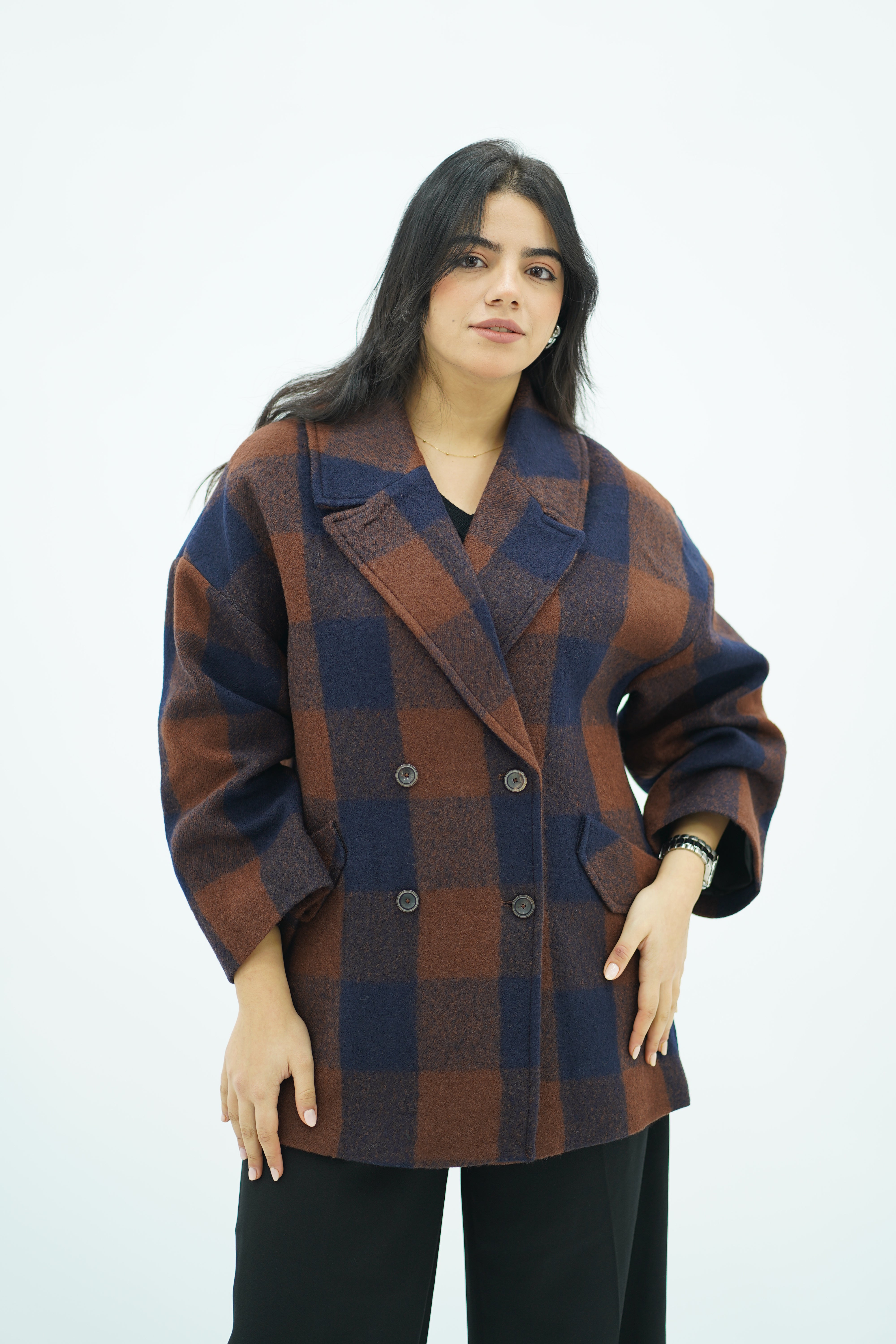 Manteau Mi-Long Oversize à Carreaux