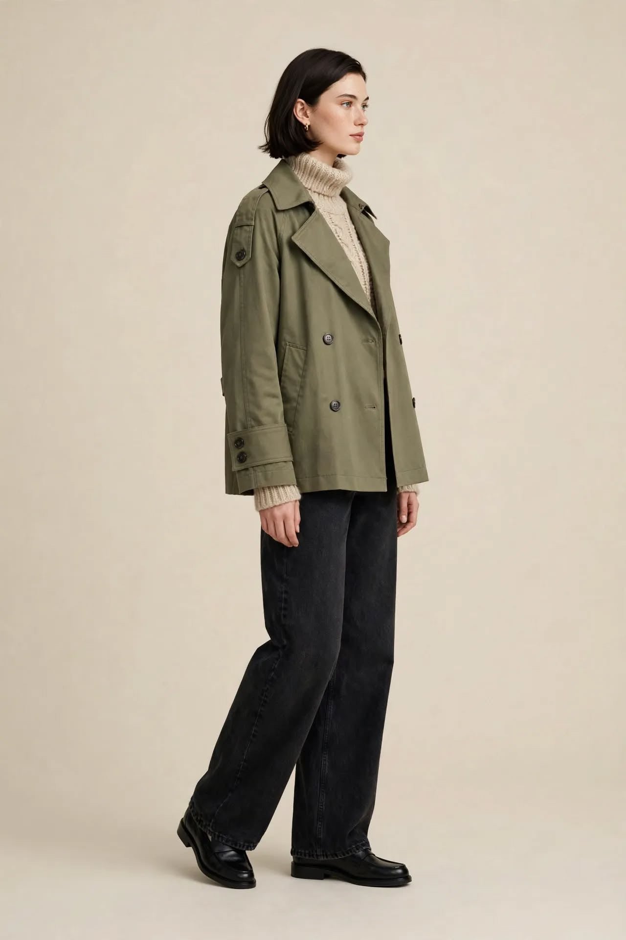 Trench Courte Vert Olive – Double Boutonnage