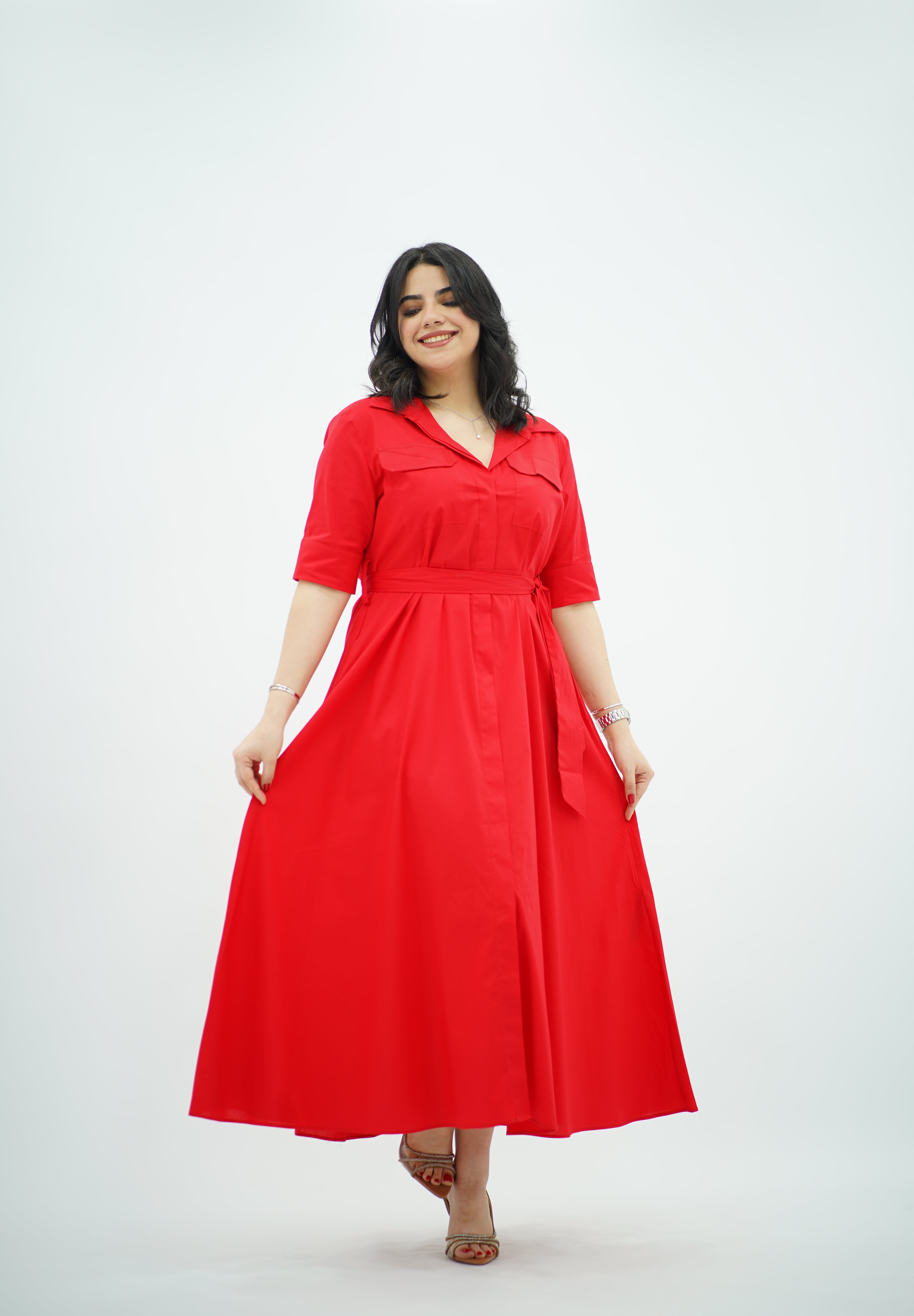 Robe chemise midi ceinturée Rouge 🌹