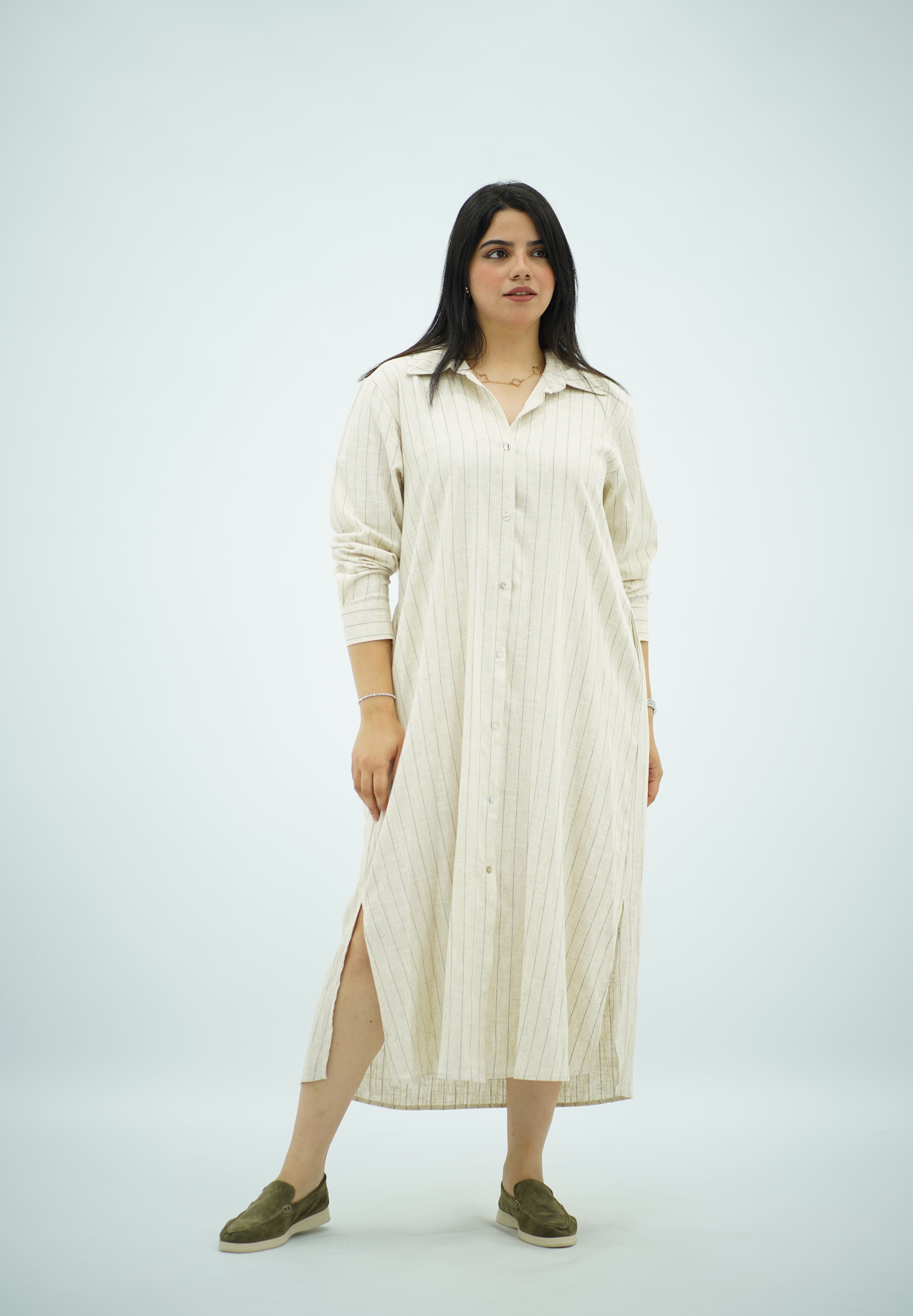 Robe Chemise Longue en Lin Rayé