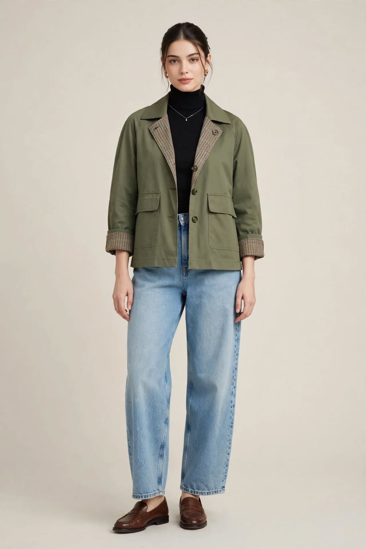 Jacket Double Face Vert Sauge & Motifs Pied-de-Poule