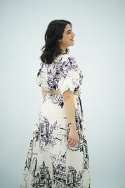 Robe Blanche à Motif Toile de Jouy Urbain
