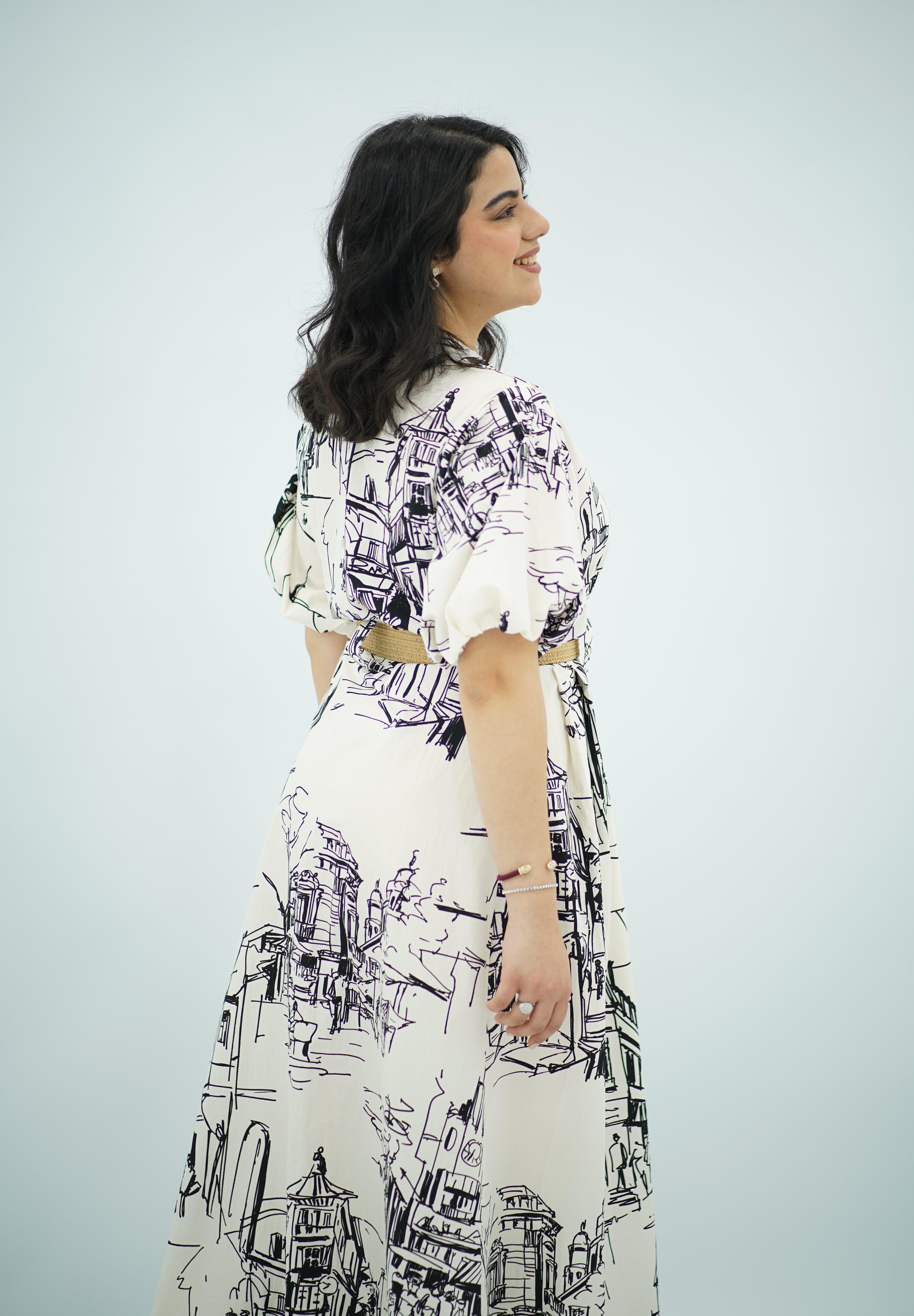 Robe Blanche à Motif Toile de Jouy Urbain