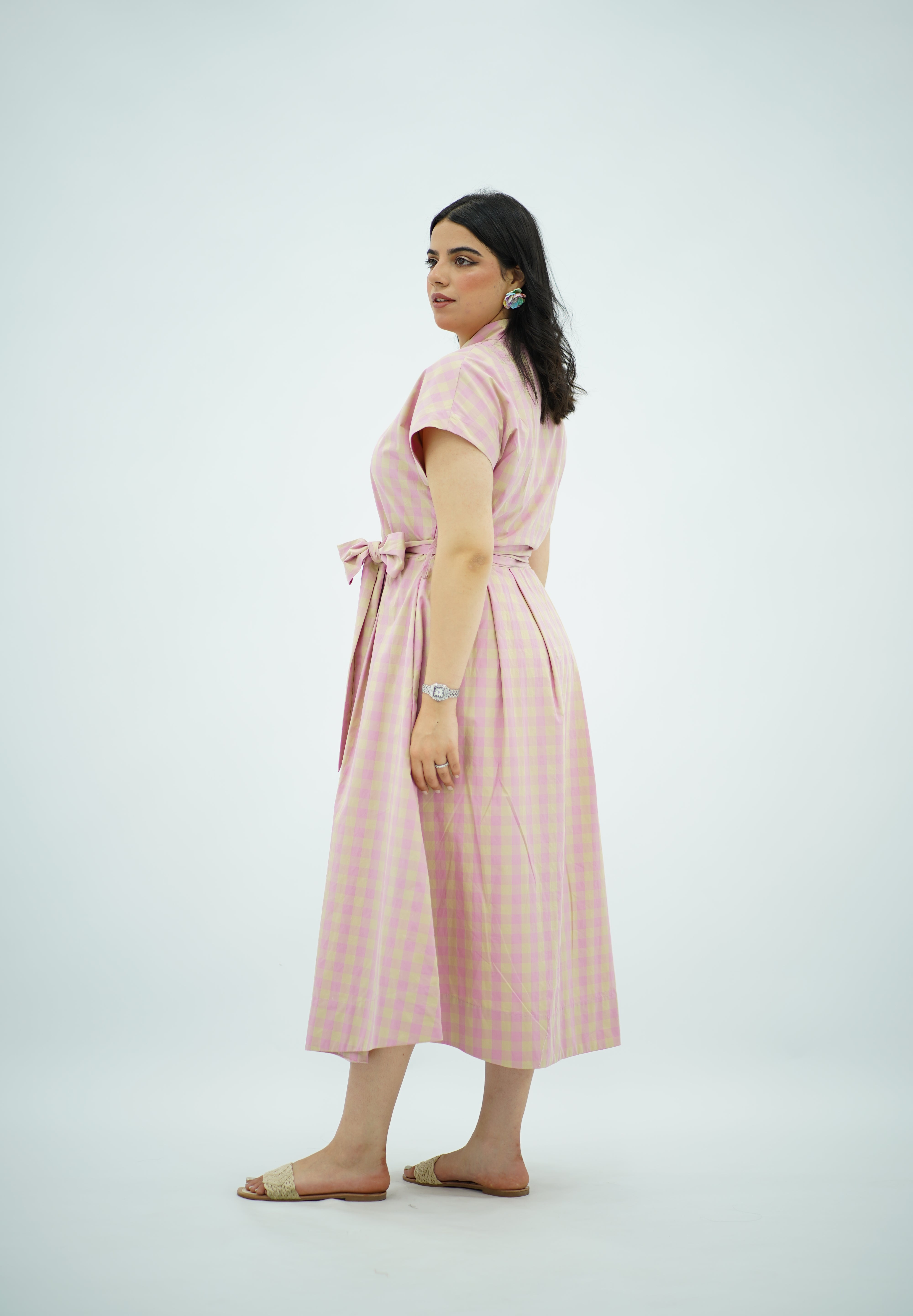 Robe Midi Vichy Rose et Beige