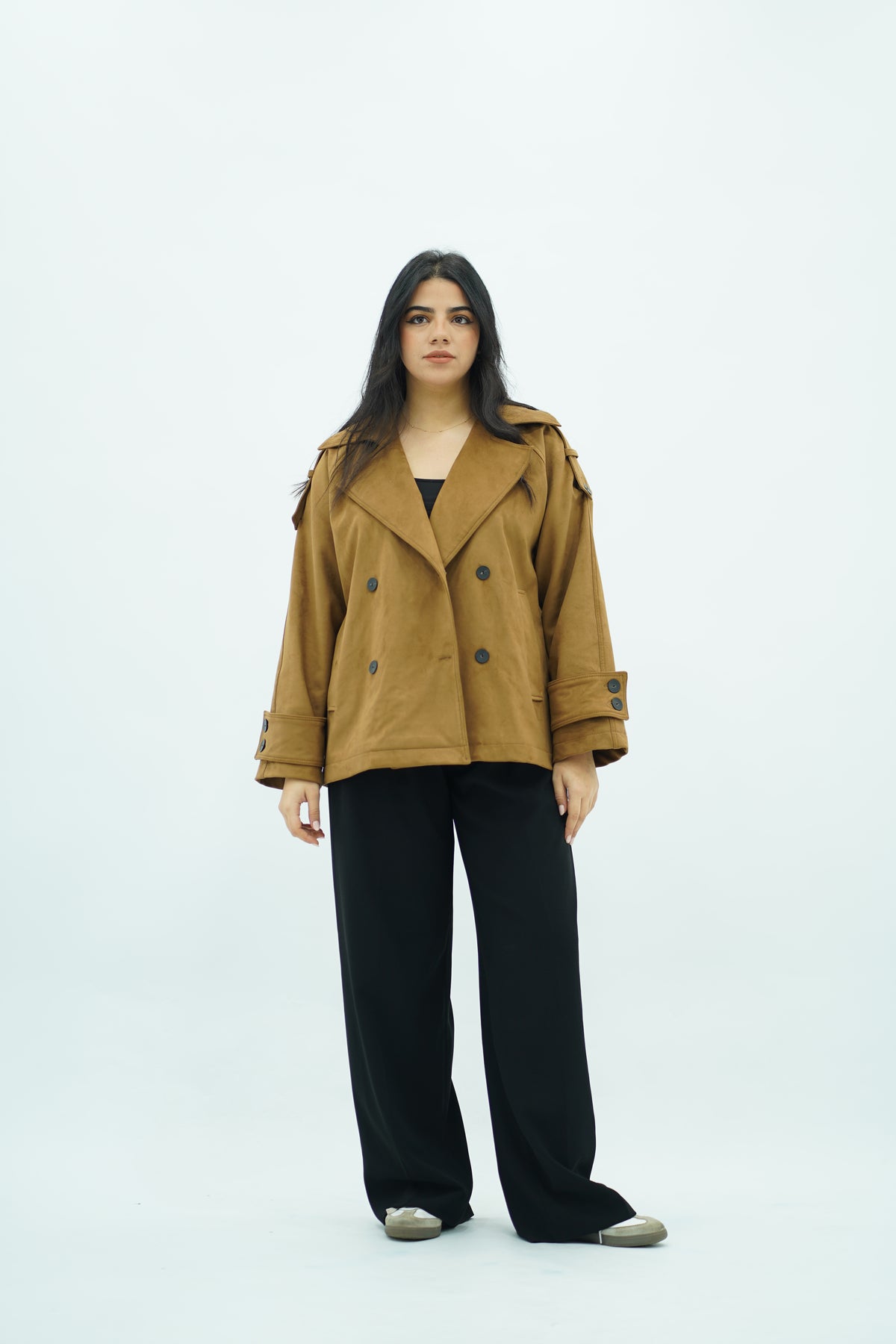 Trench court Camel en Faux Daim