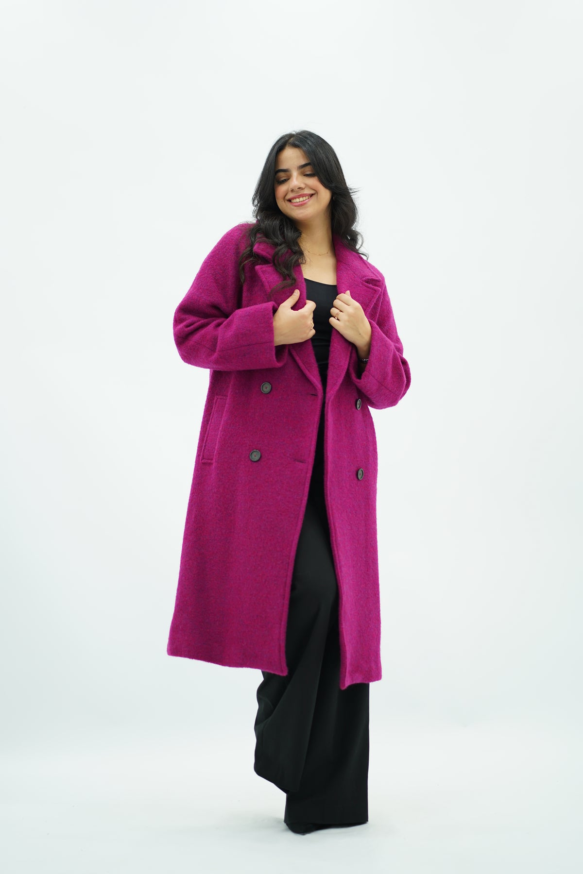 Manteau en Laine Bouclée Fushia Vif