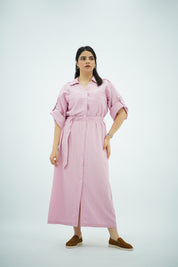 Robe-chemise longue rayée rose