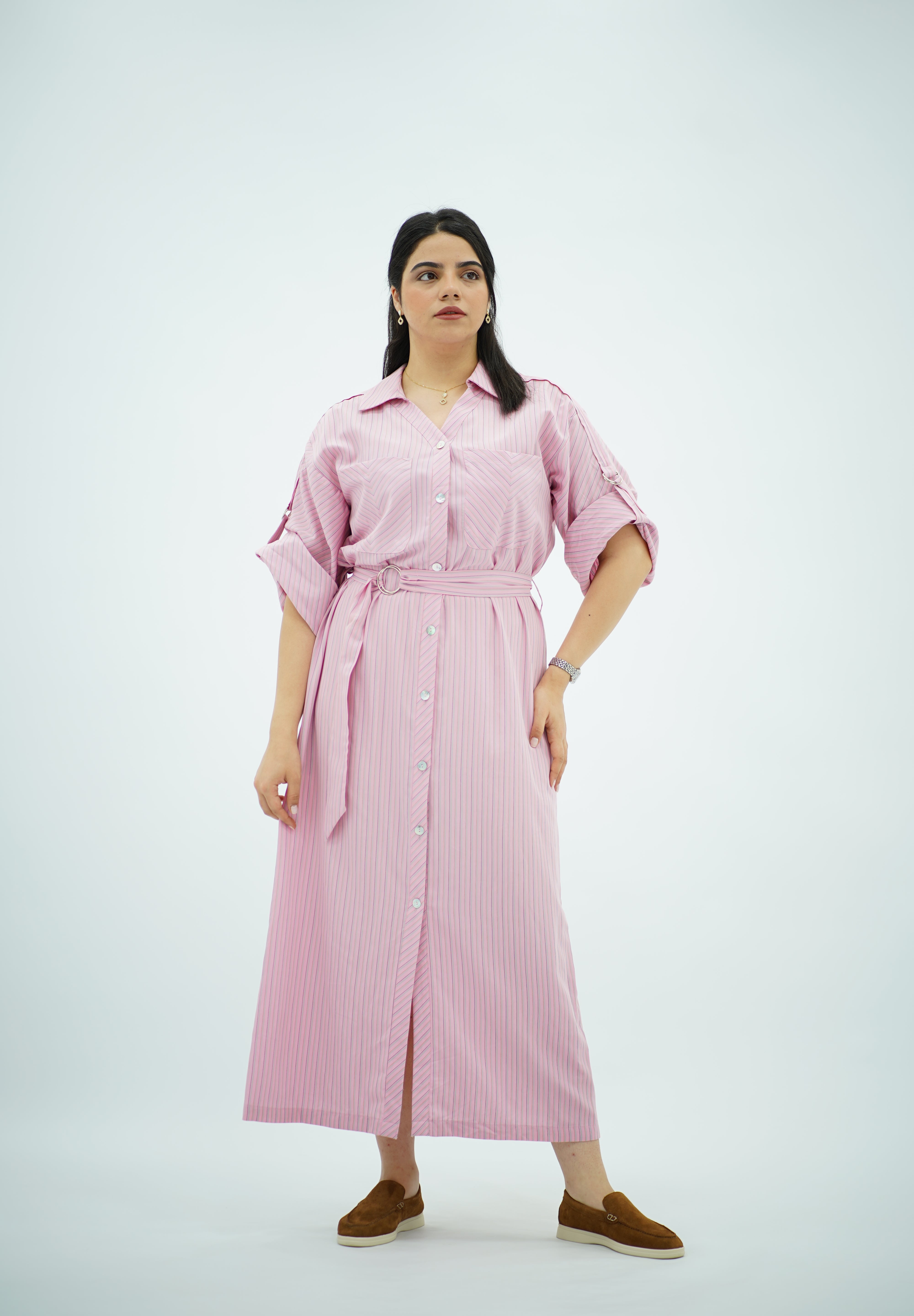 Robe-chemise longue rayée rose