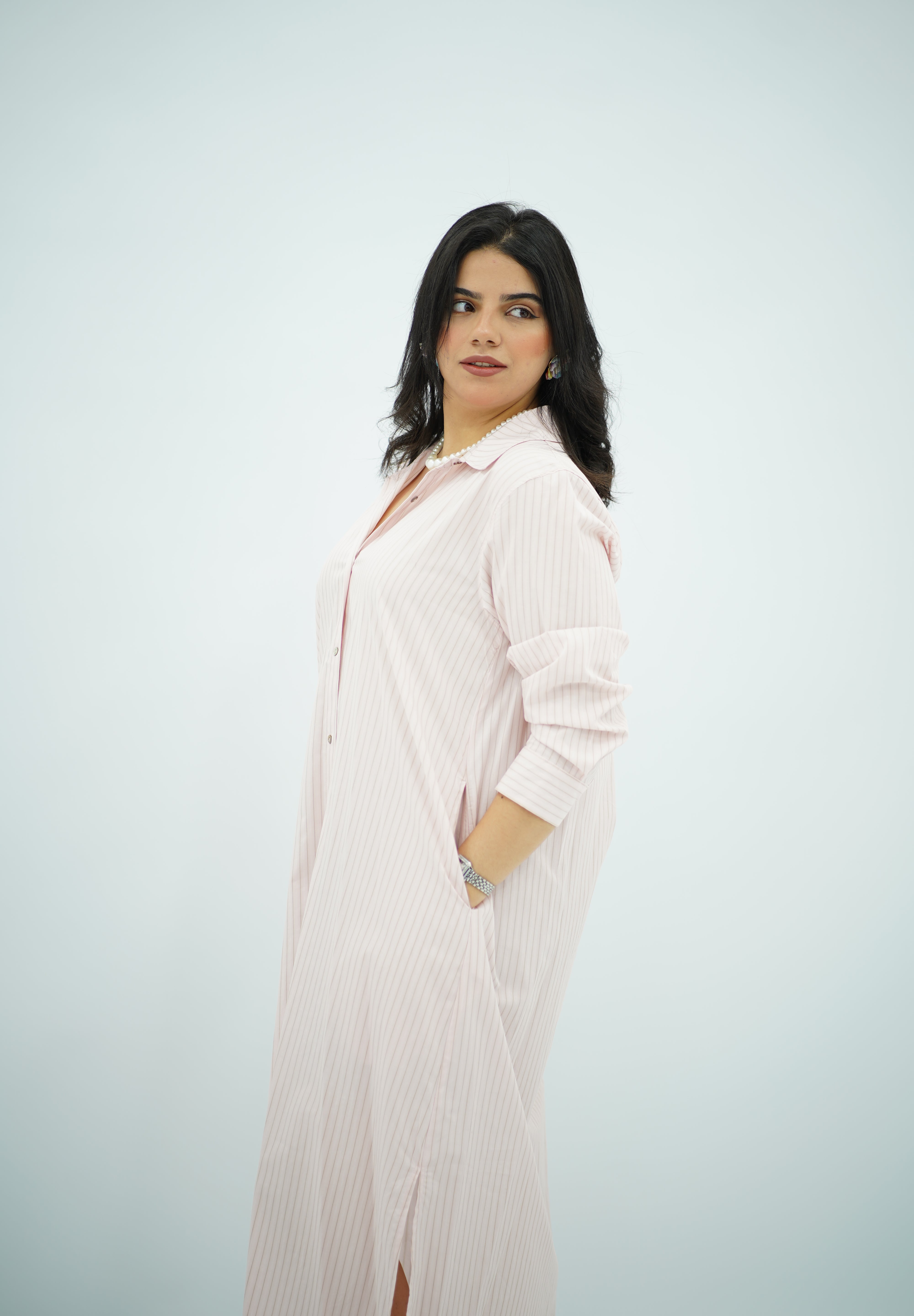 Robe chemise rose rayé