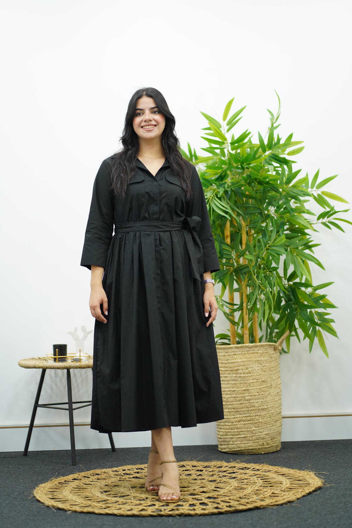 Robe noire à ceinture - En popeline