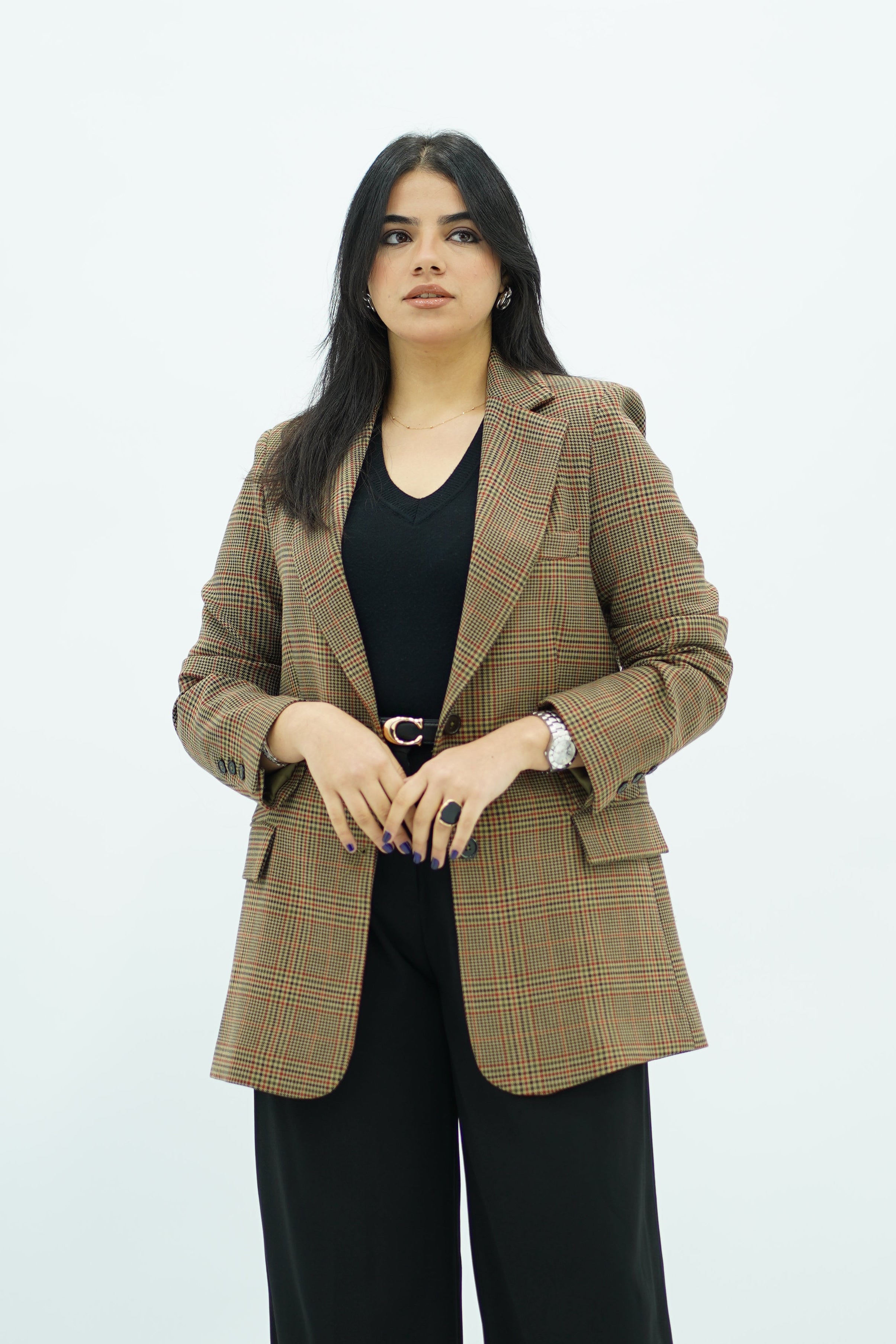 Blazer Classique à Carreaux Tons Terreux