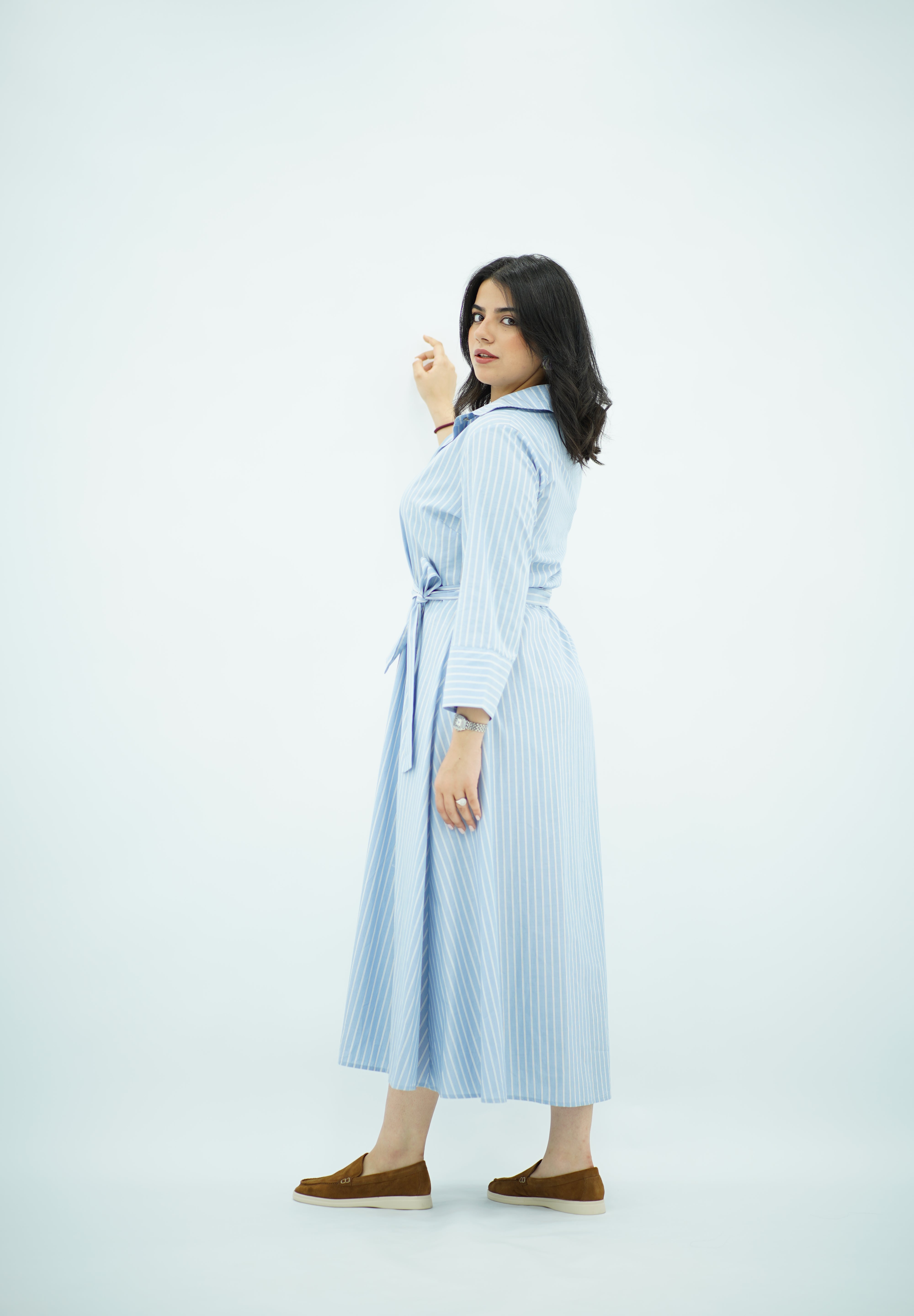 Robe-chemise longue rayée bleu ciel