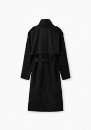 Trench Long Ceinturé Noir  – Col Montant & Boutonnage Croisé