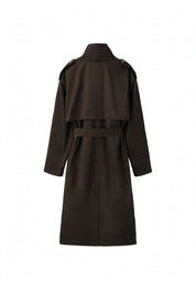 Trench Long Ceinturé Marron   – Col Montant & Boutonnage Croisé