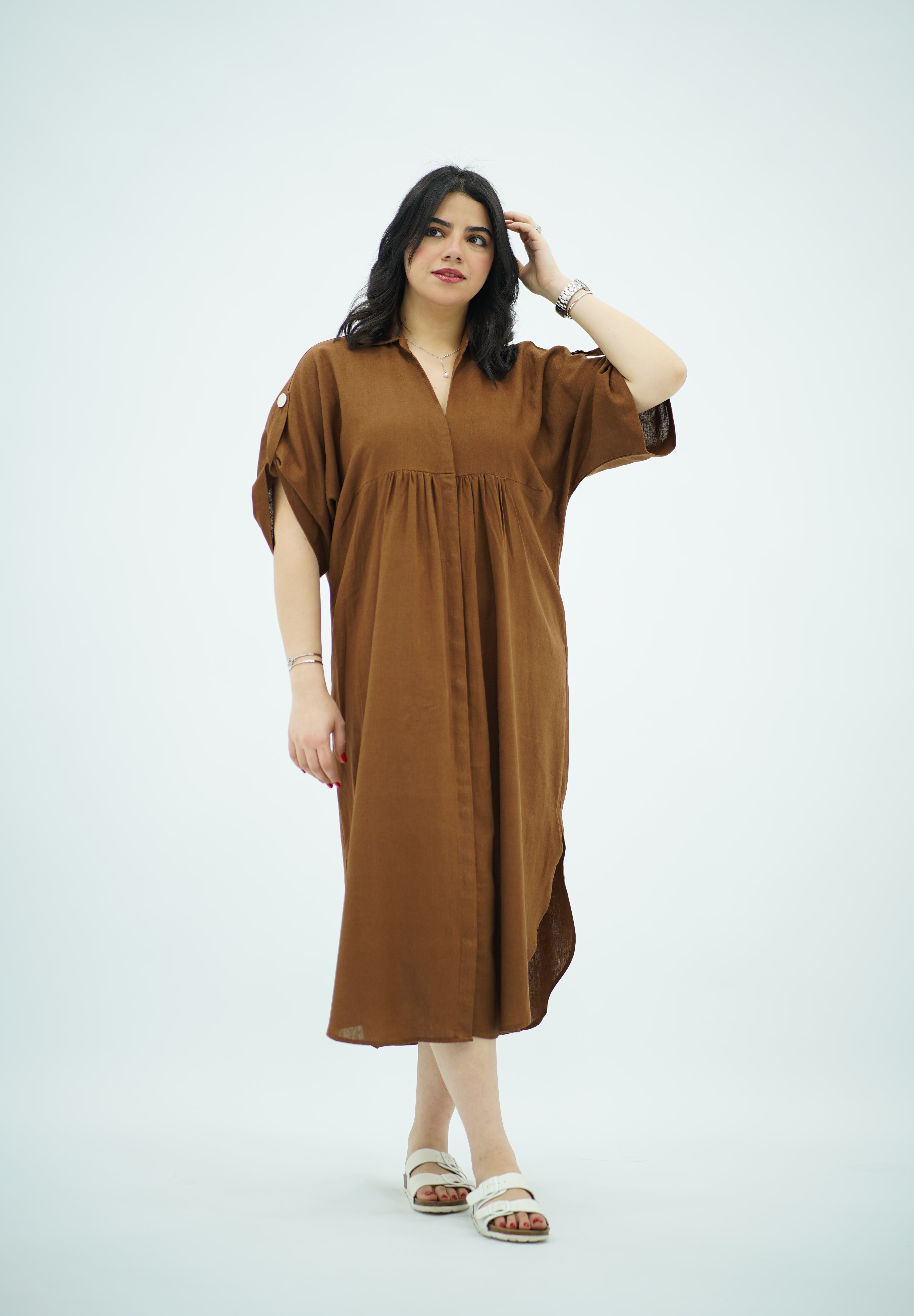 Robe Gandoura Midi en Lin Marron 🤎