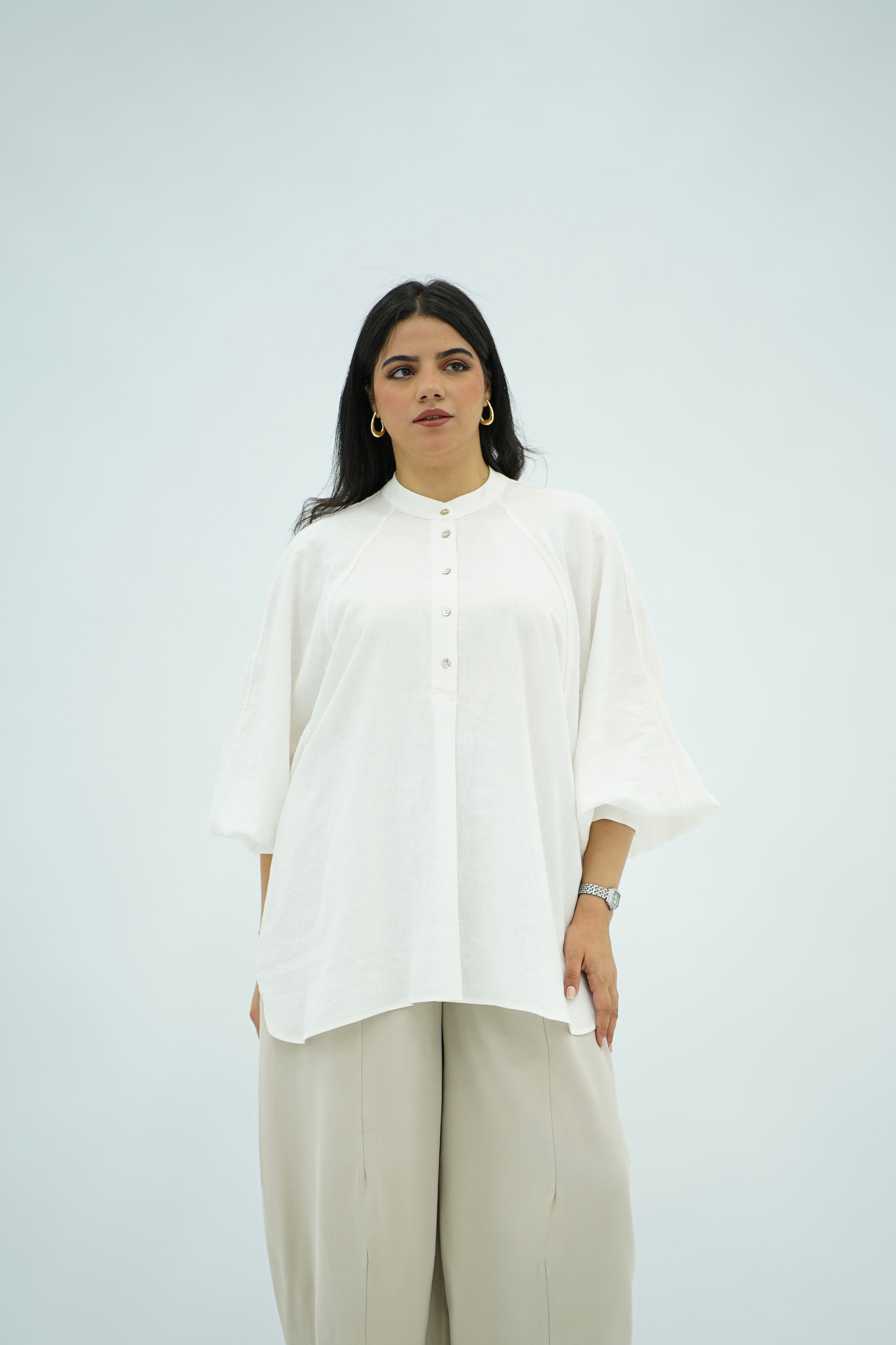 Chemise Oversize à Manches Bouffantes - Blanc Pur