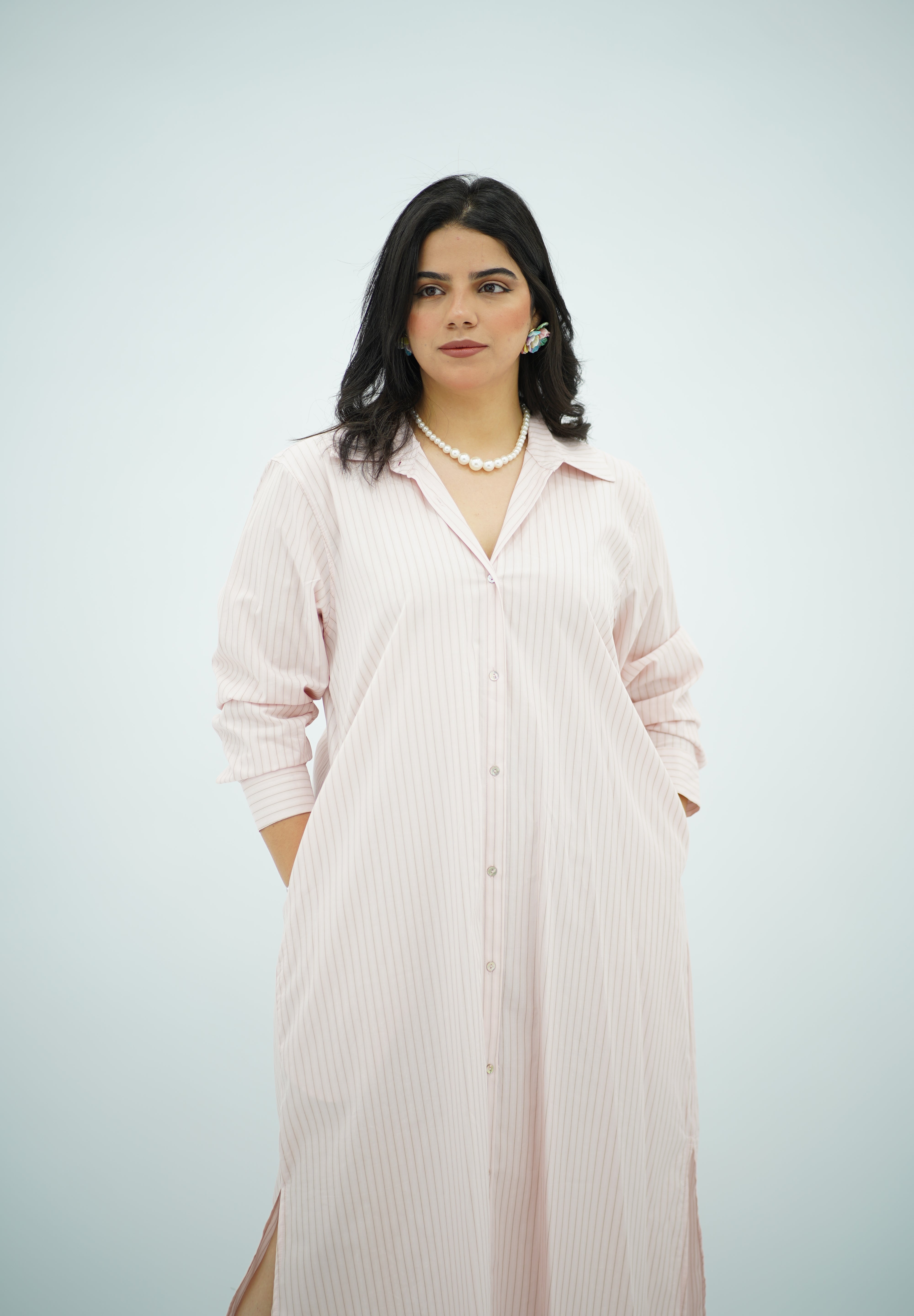 Robe chemise rose rayé